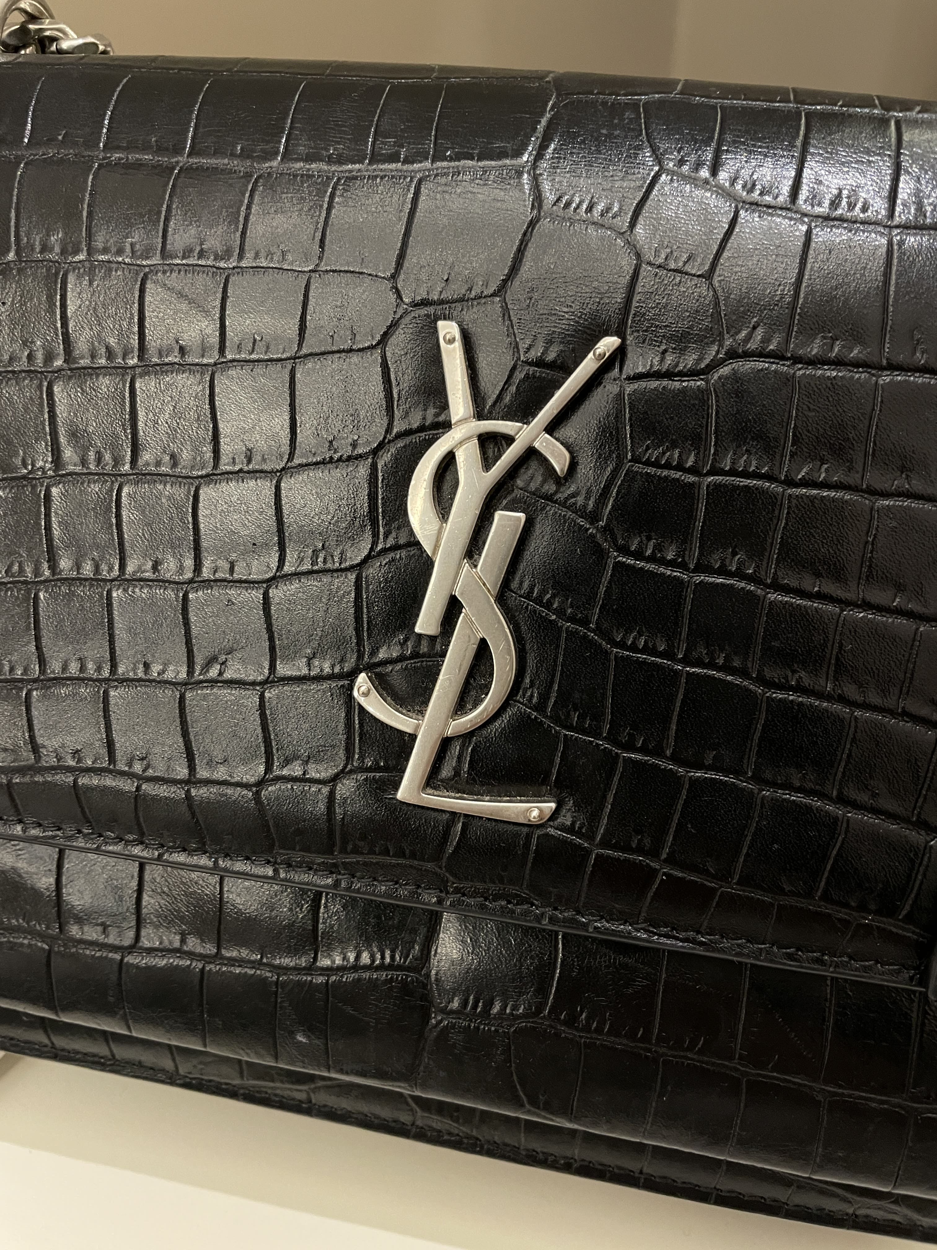 Saint Laurent Sunset Bag Black Embossed Crocs