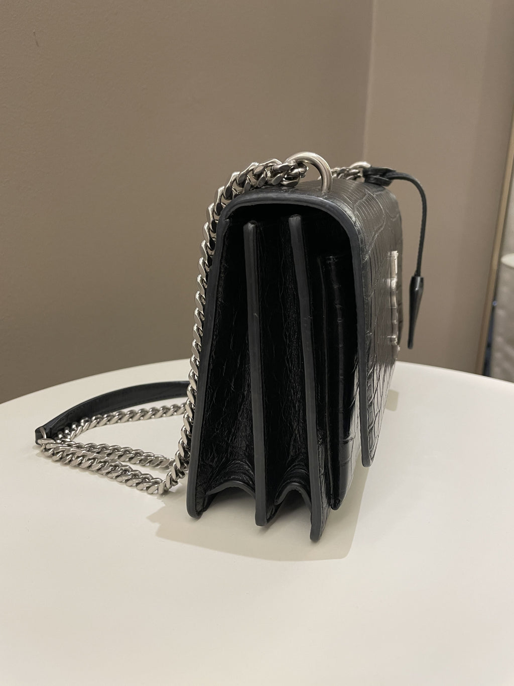 Saint Laurent Sunset Bag Black Embossed Crocs