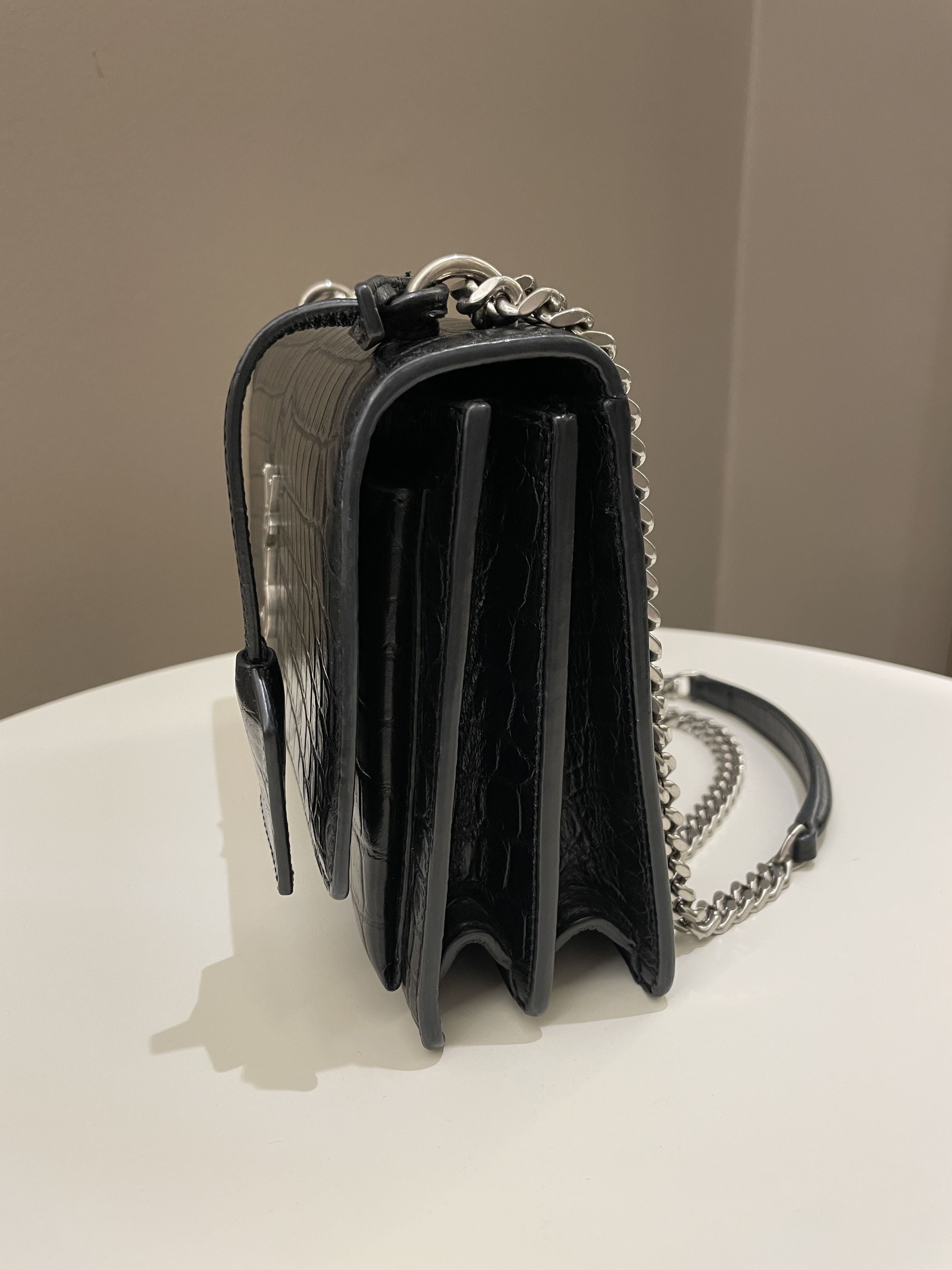 Saint Laurent Sunset Bag Black Embossed Crocs