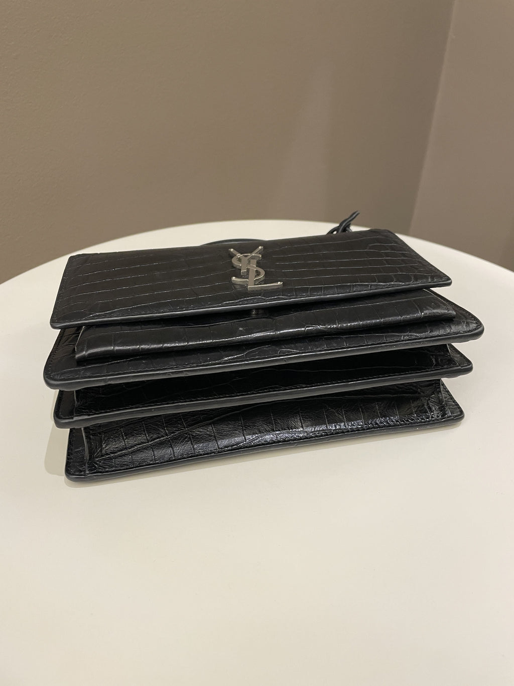 Saint Laurent Sunset Bag Black Embossed Crocs