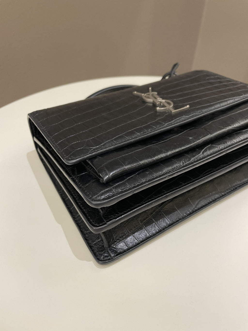 Saint Laurent Sunset Bag Black Embossed Crocs