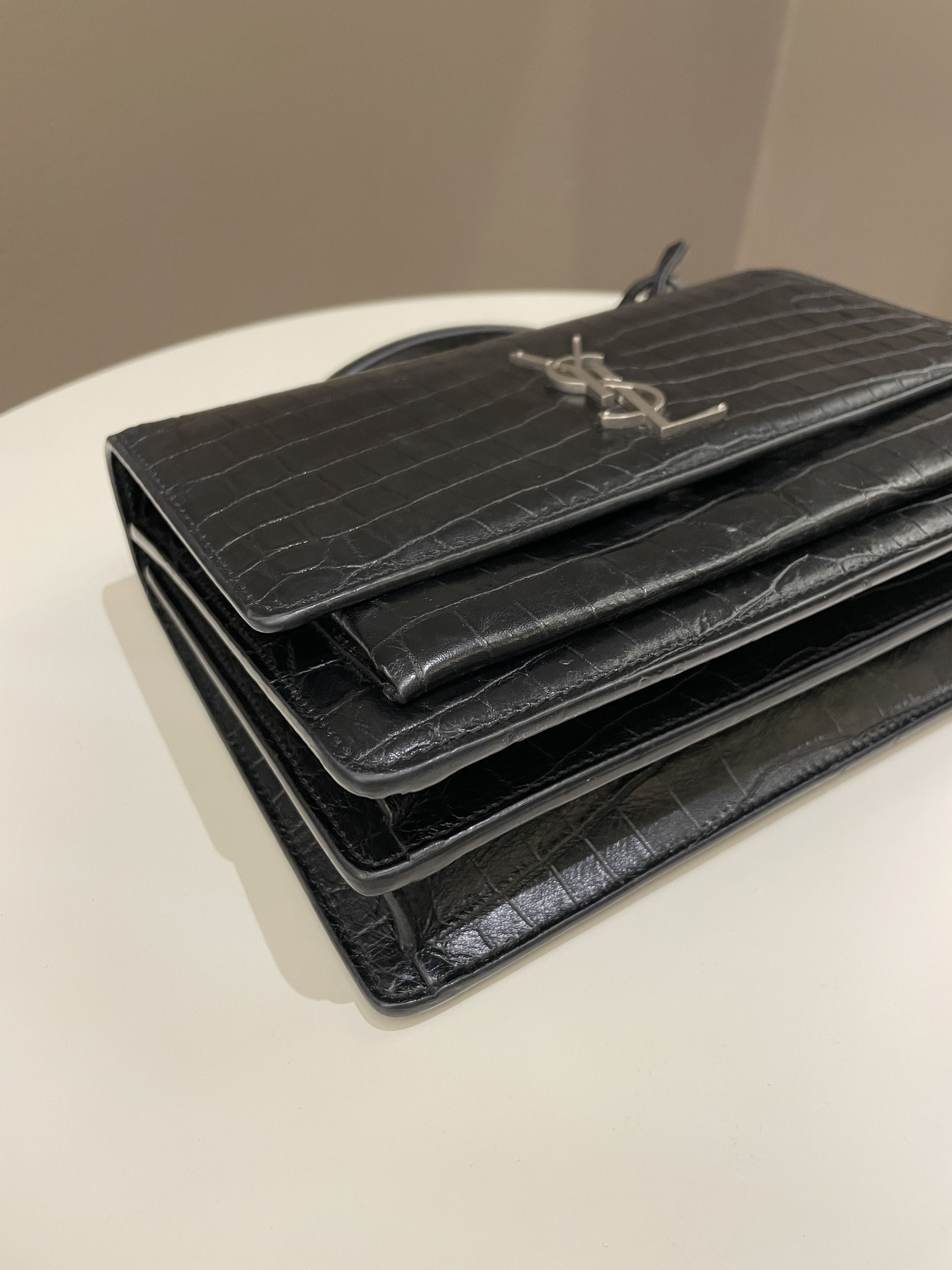 Saint Laurent Sunset Bag Black Embossed Crocs