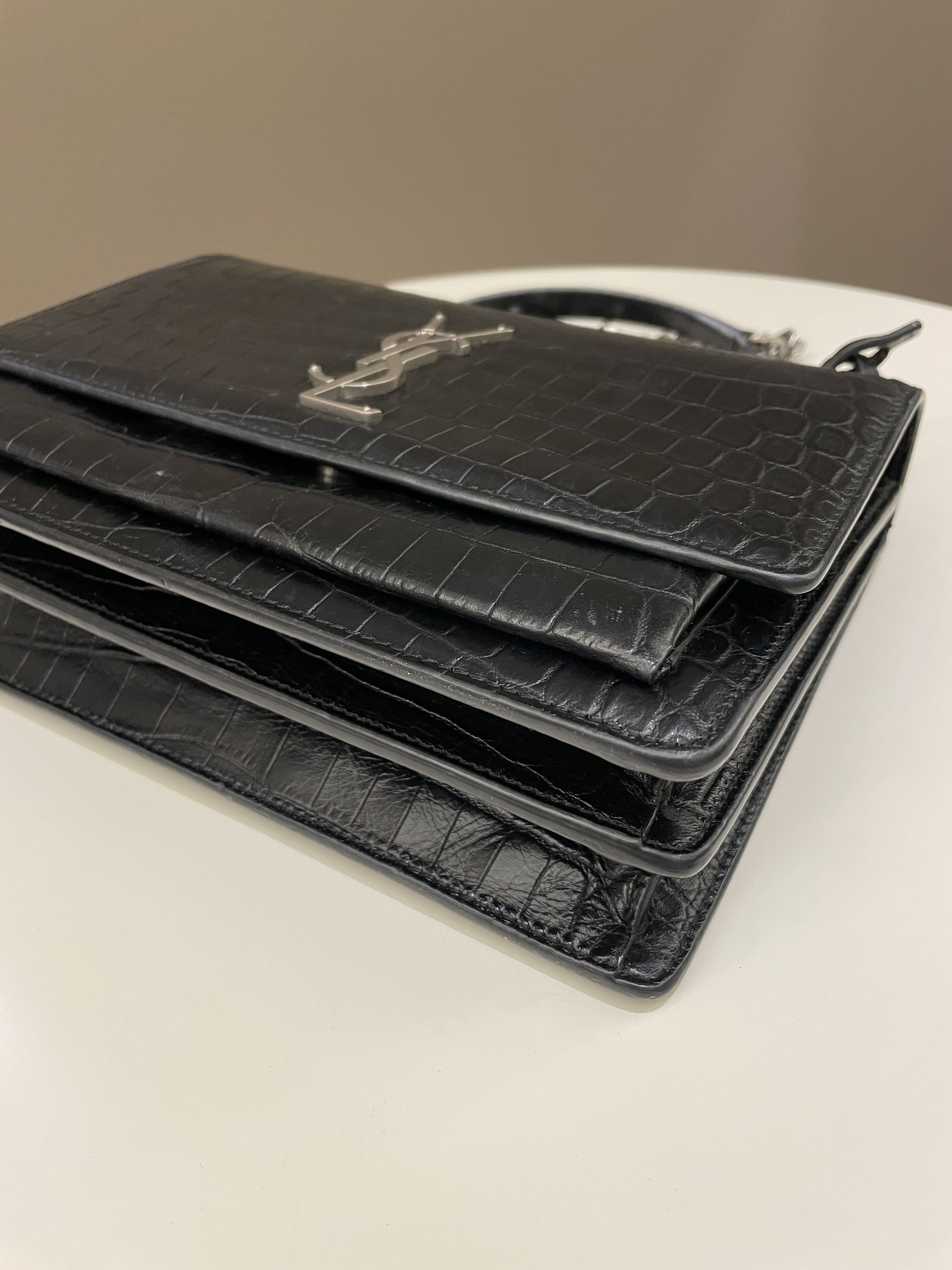 Saint Laurent Sunset Bag Black Embossed Crocs