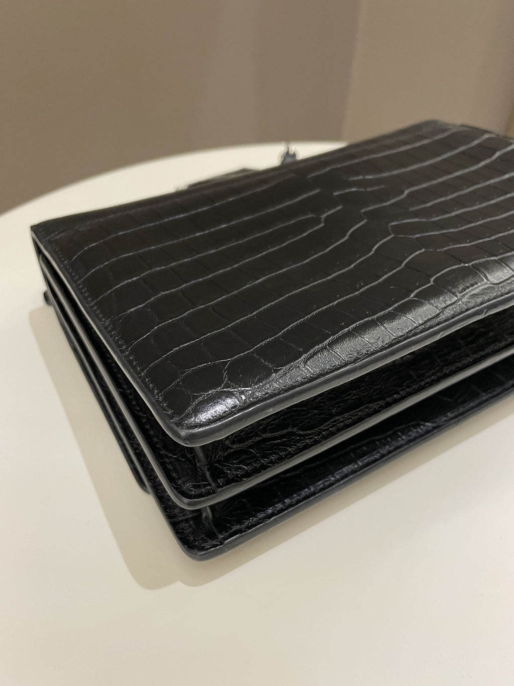 Saint Laurent Sunset Bag Black Embossed Crocs