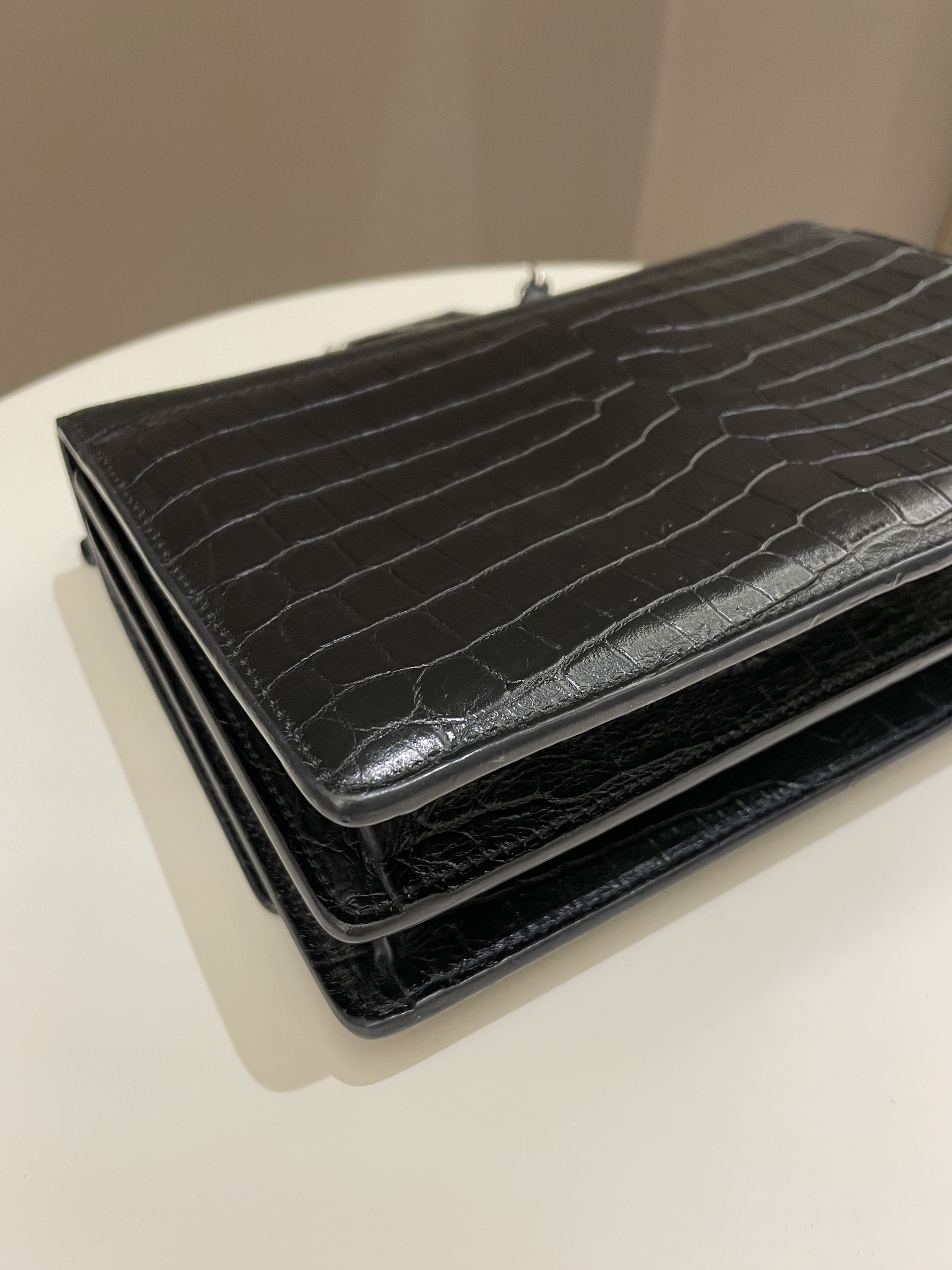 Saint Laurent Sunset Bag Black Embossed Crocs