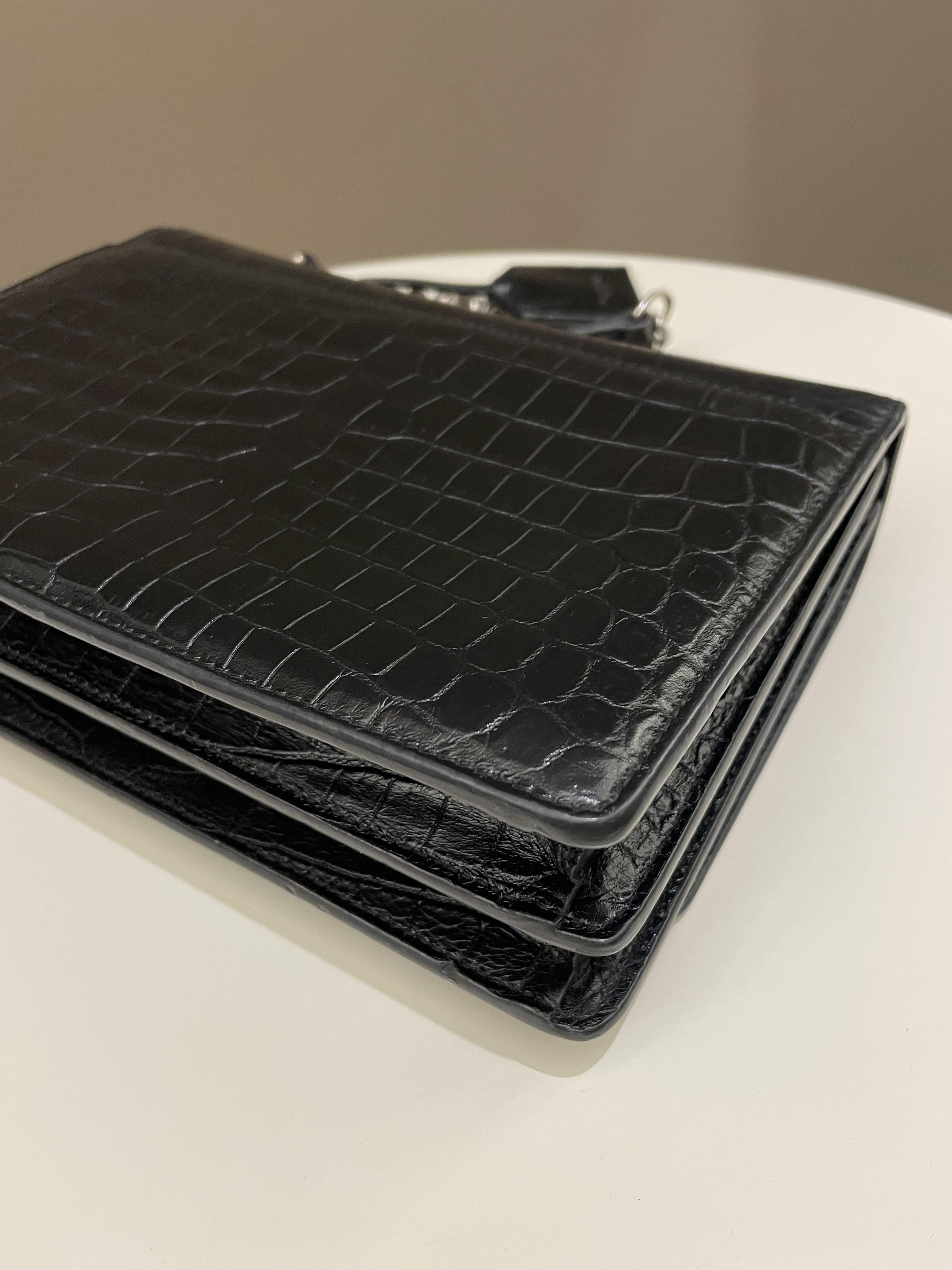 Saint Laurent Sunset Bag Black Embossed Crocs