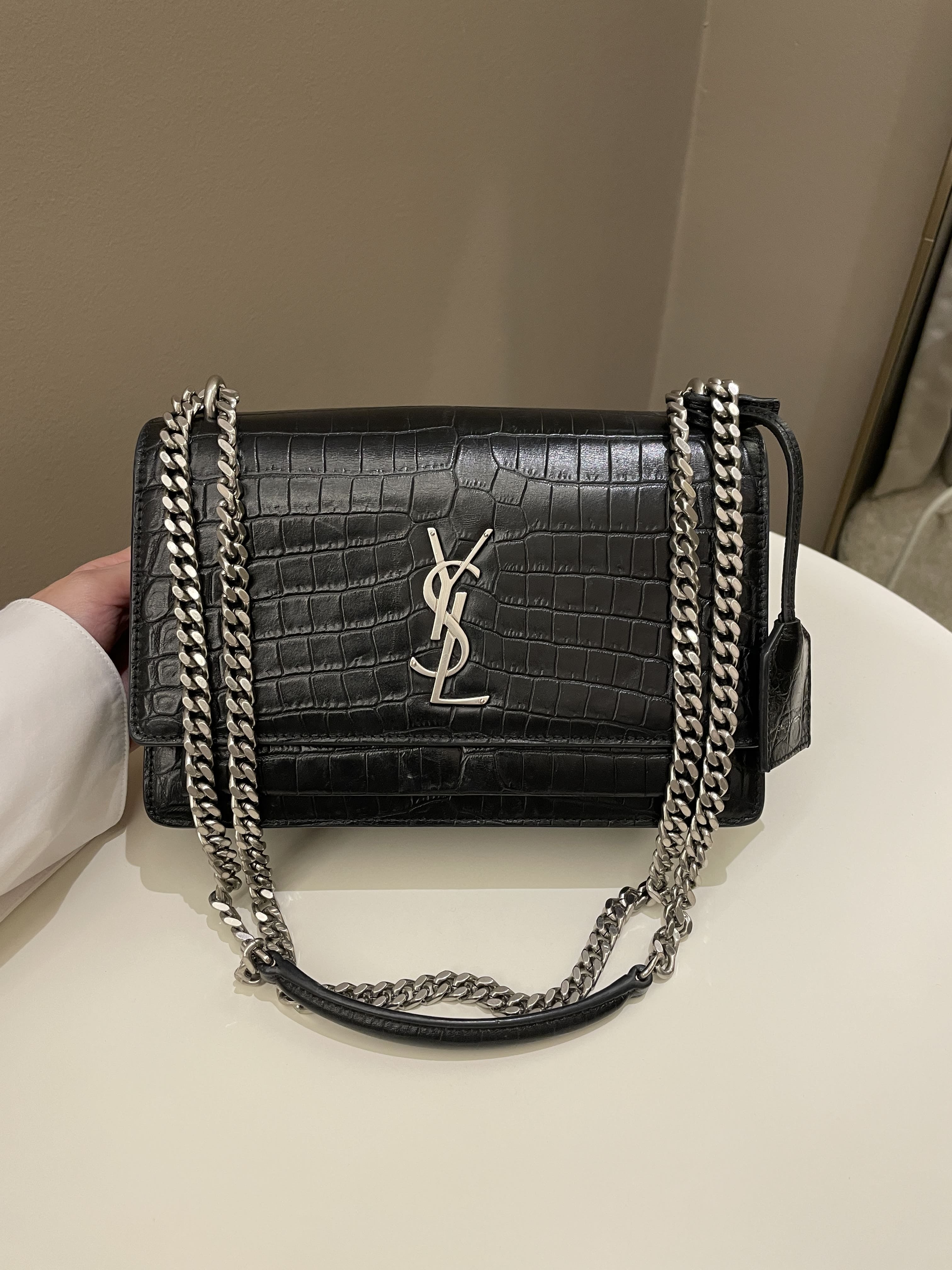 Saint Laurent Sunset Bag Black Embossed Crocs