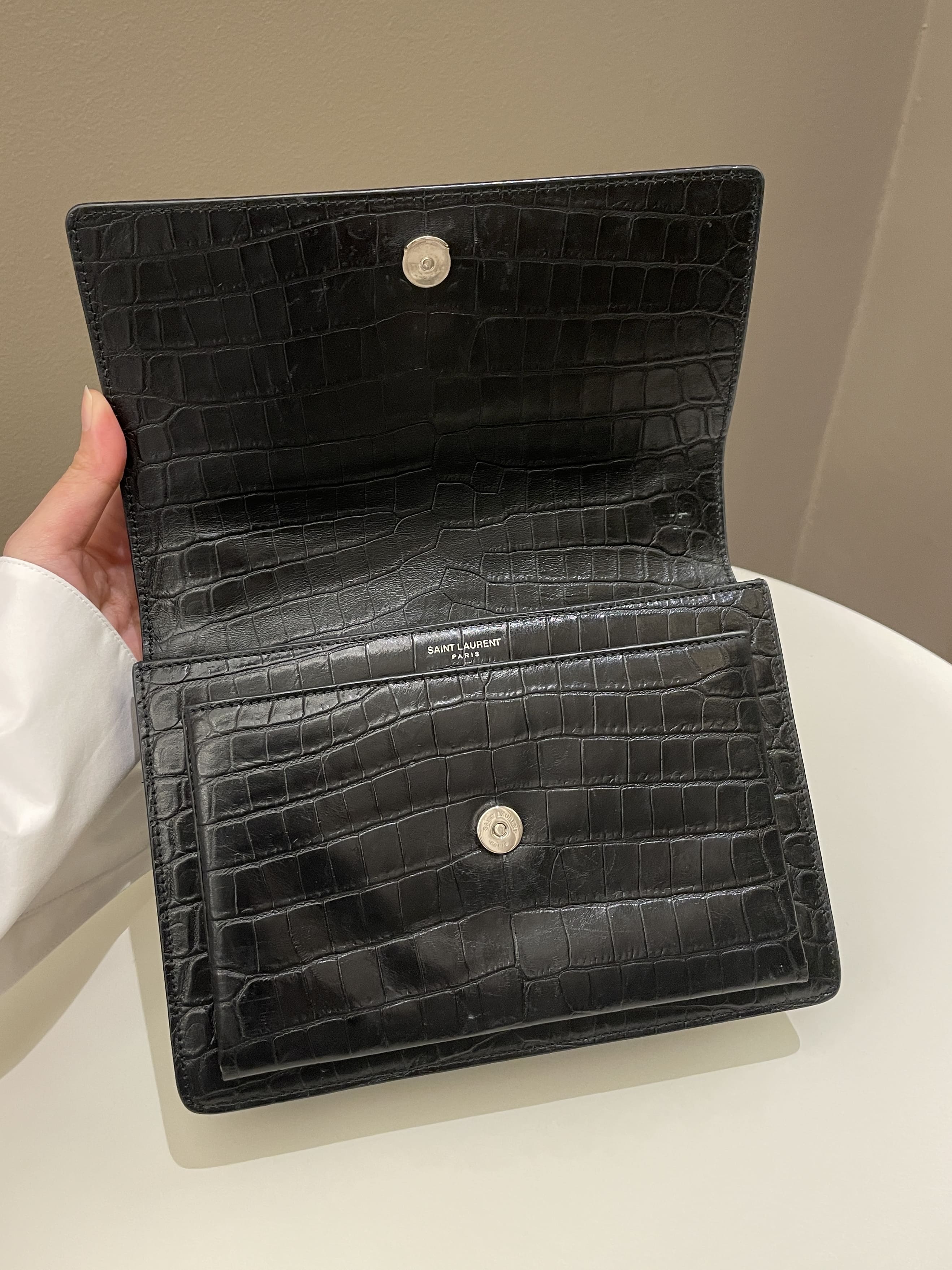 Saint Laurent Sunset Bag Black Embossed Crocs