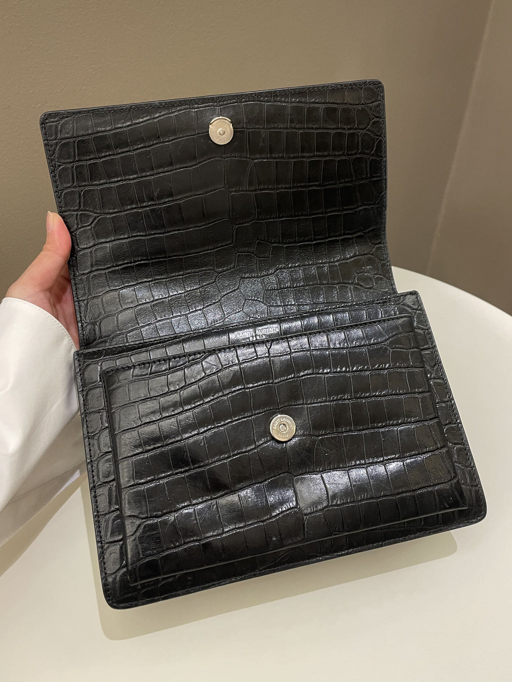 Saint Laurent Sunset Bag Black Embossed Crocs