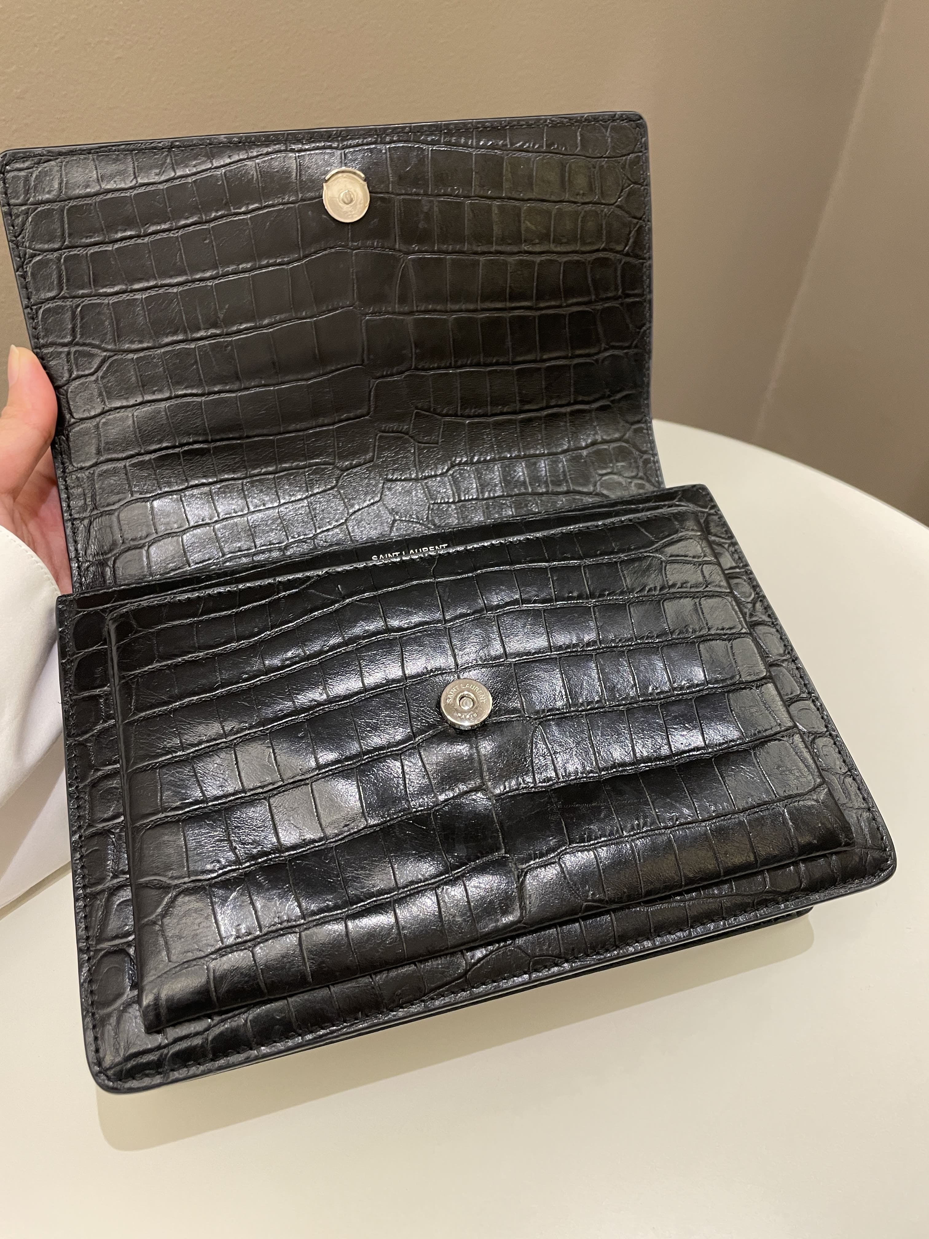 Saint Laurent Sunset Bag Black Embossed Crocs