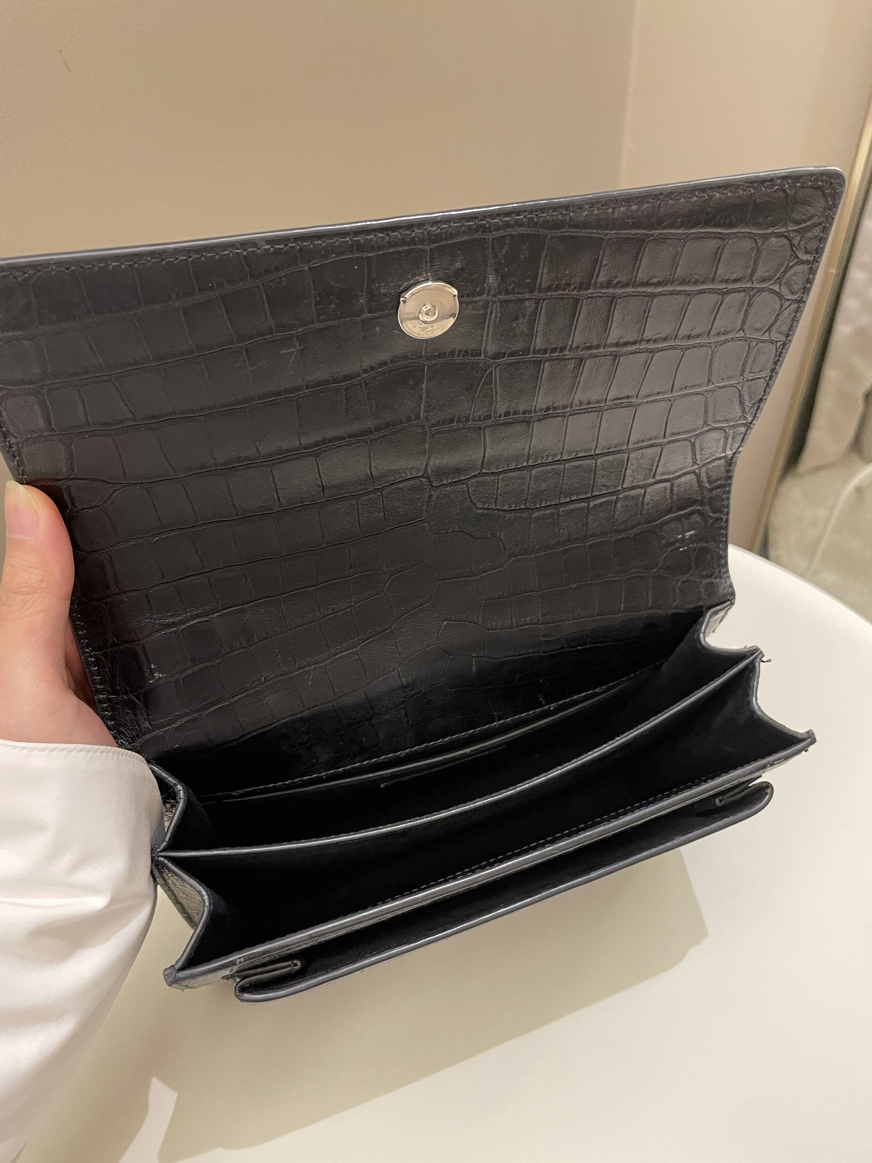 Saint Laurent Sunset Bag Black Embossed Crocs
