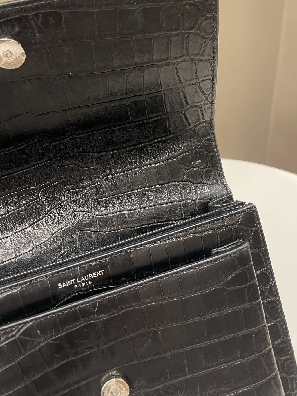 Saint Laurent Sunset Bag Black Embossed Crocs