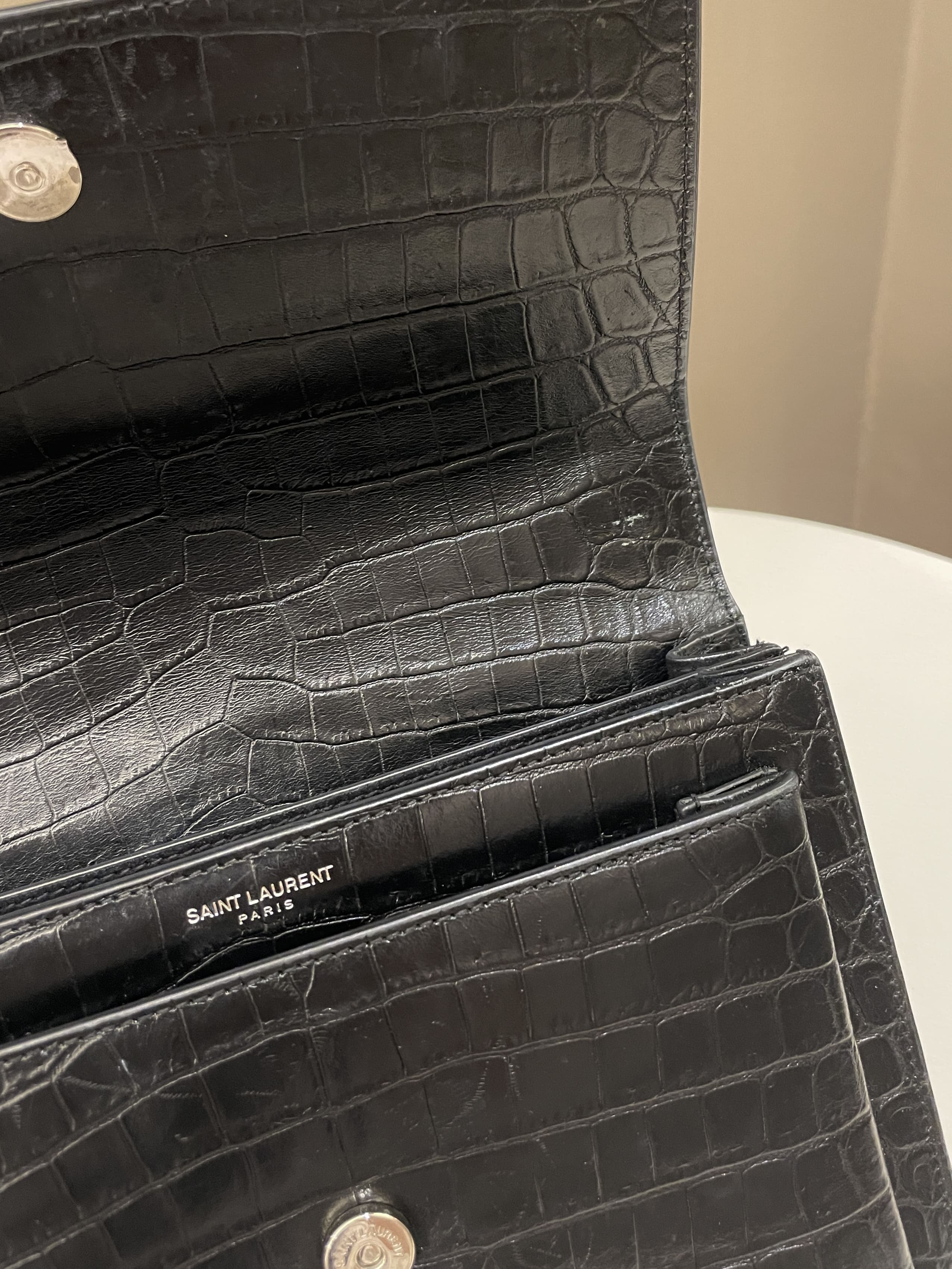 Saint Laurent Sunset Bag Black Embossed Crocs