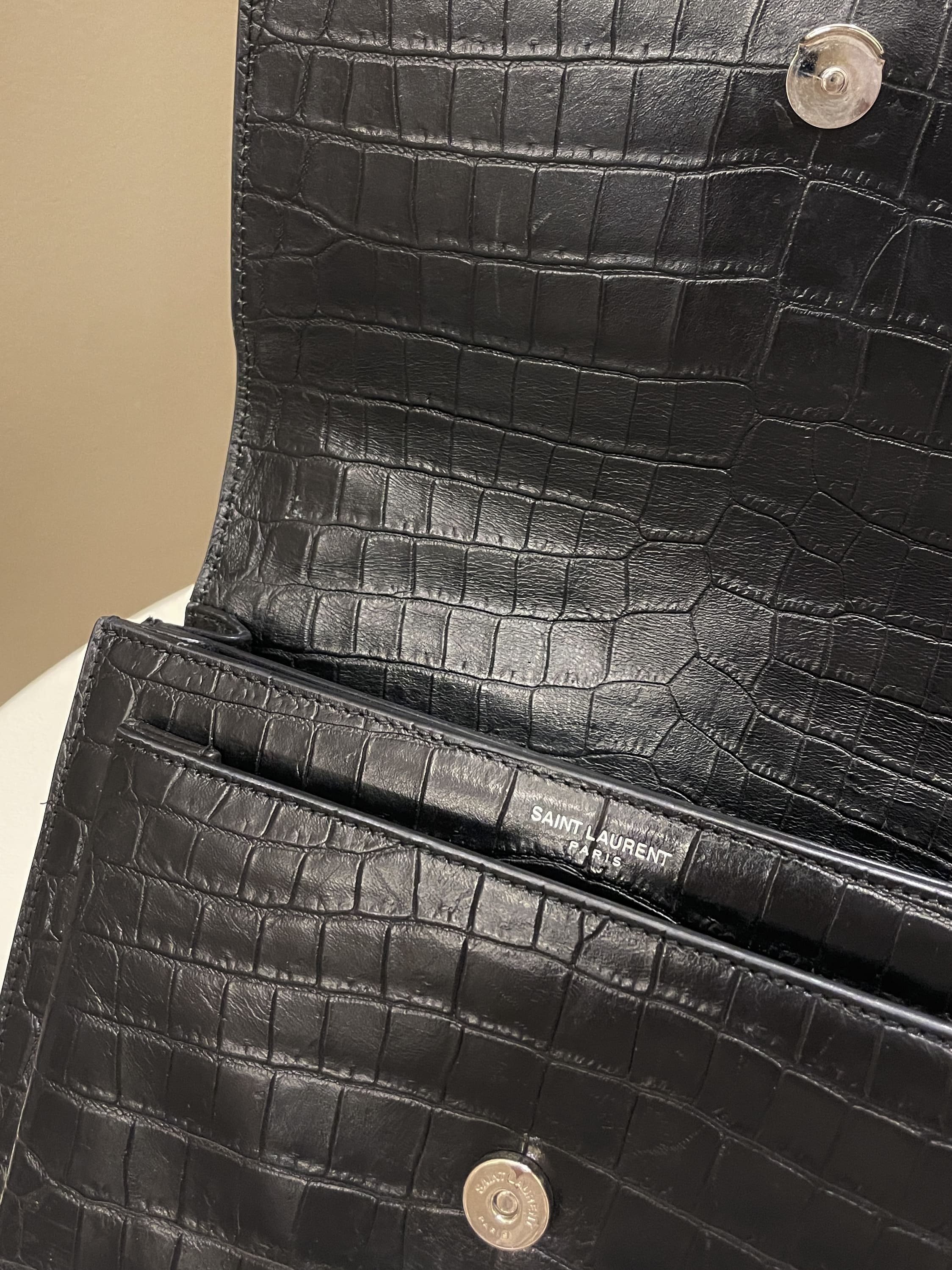 Saint Laurent Sunset Bag Black Embossed Crocs