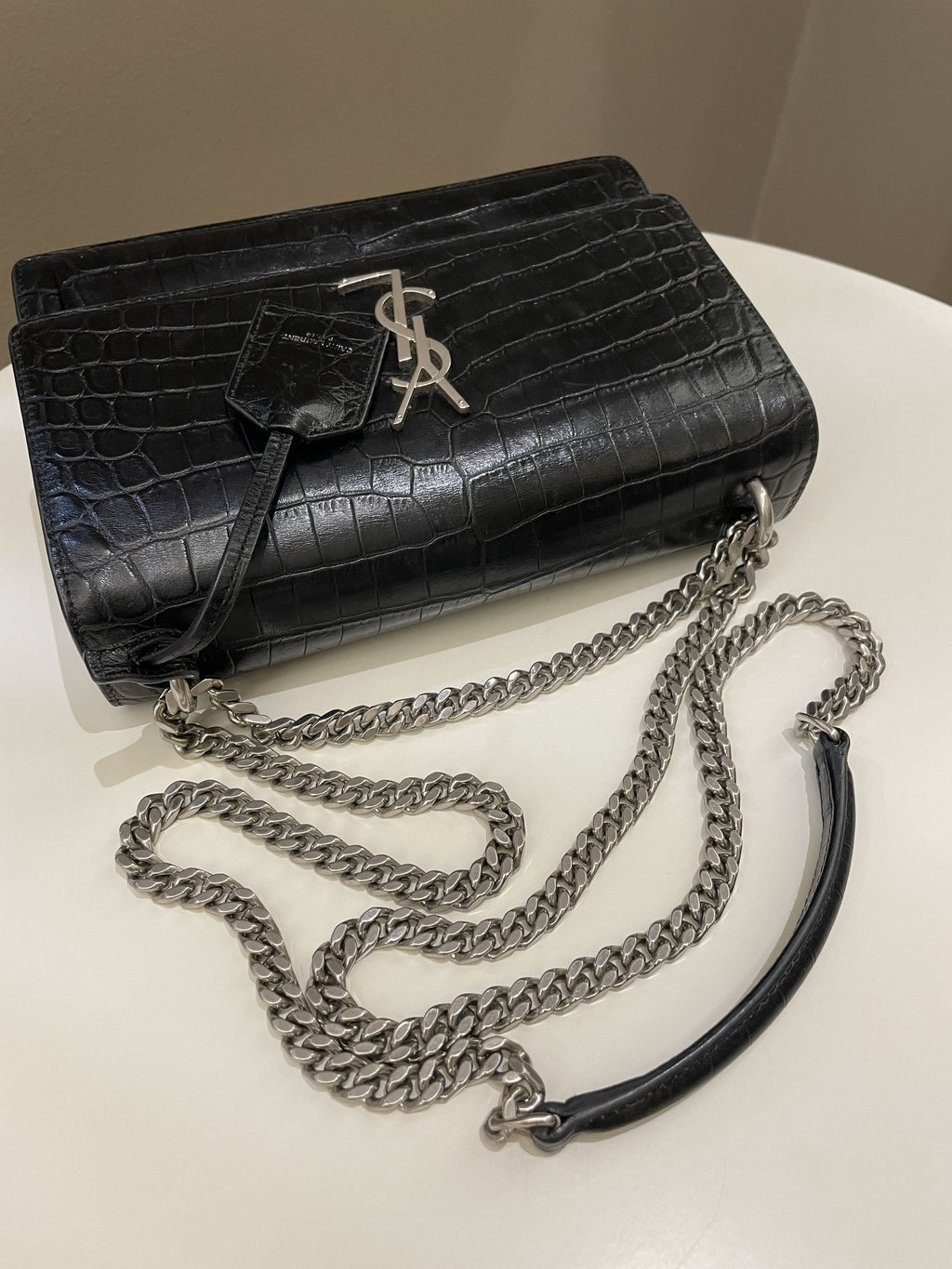 Saint Laurent Sunset Bag Black Embossed Crocs