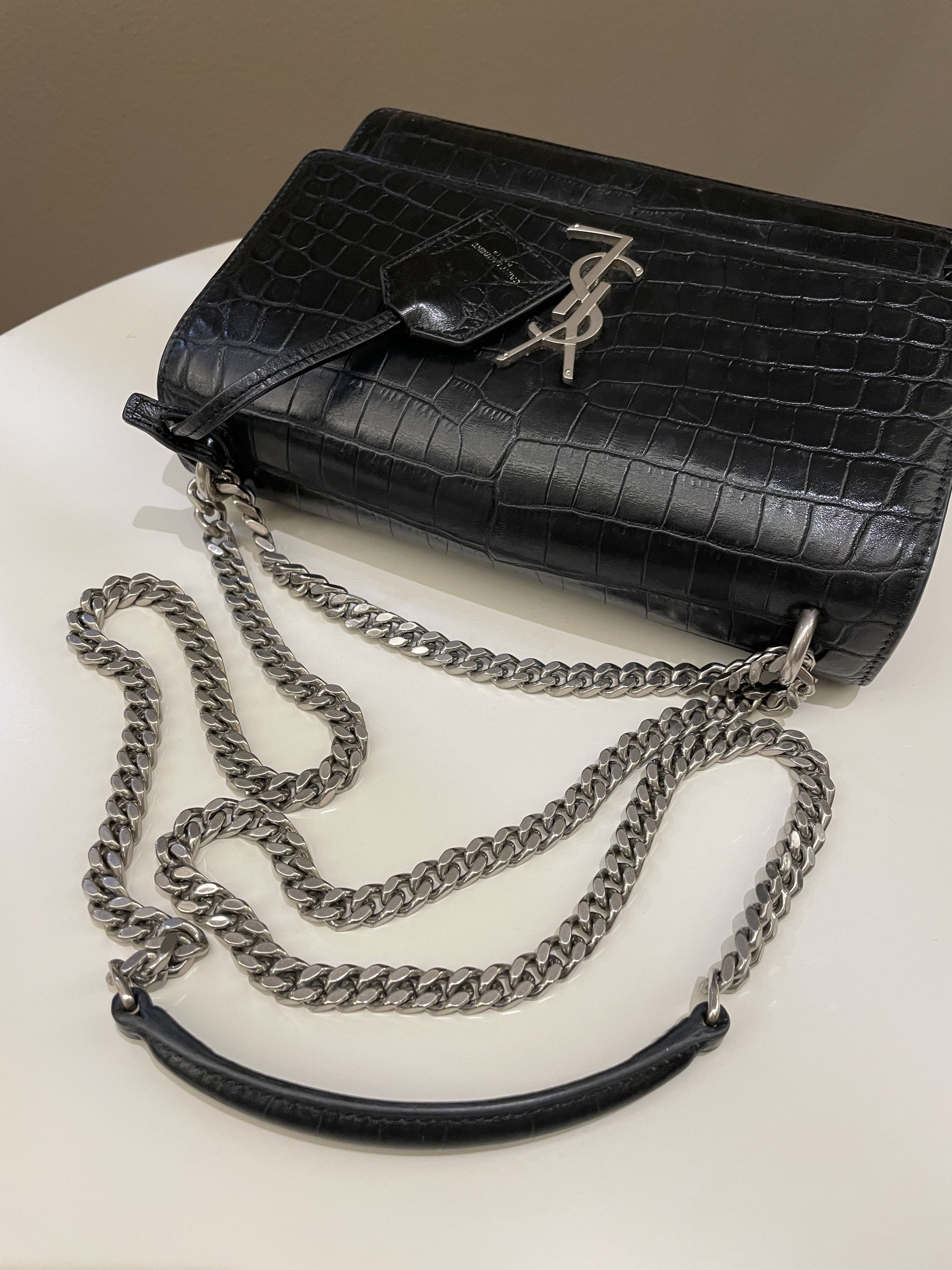 Saint Laurent Sunset Bag Black Embossed Crocs
