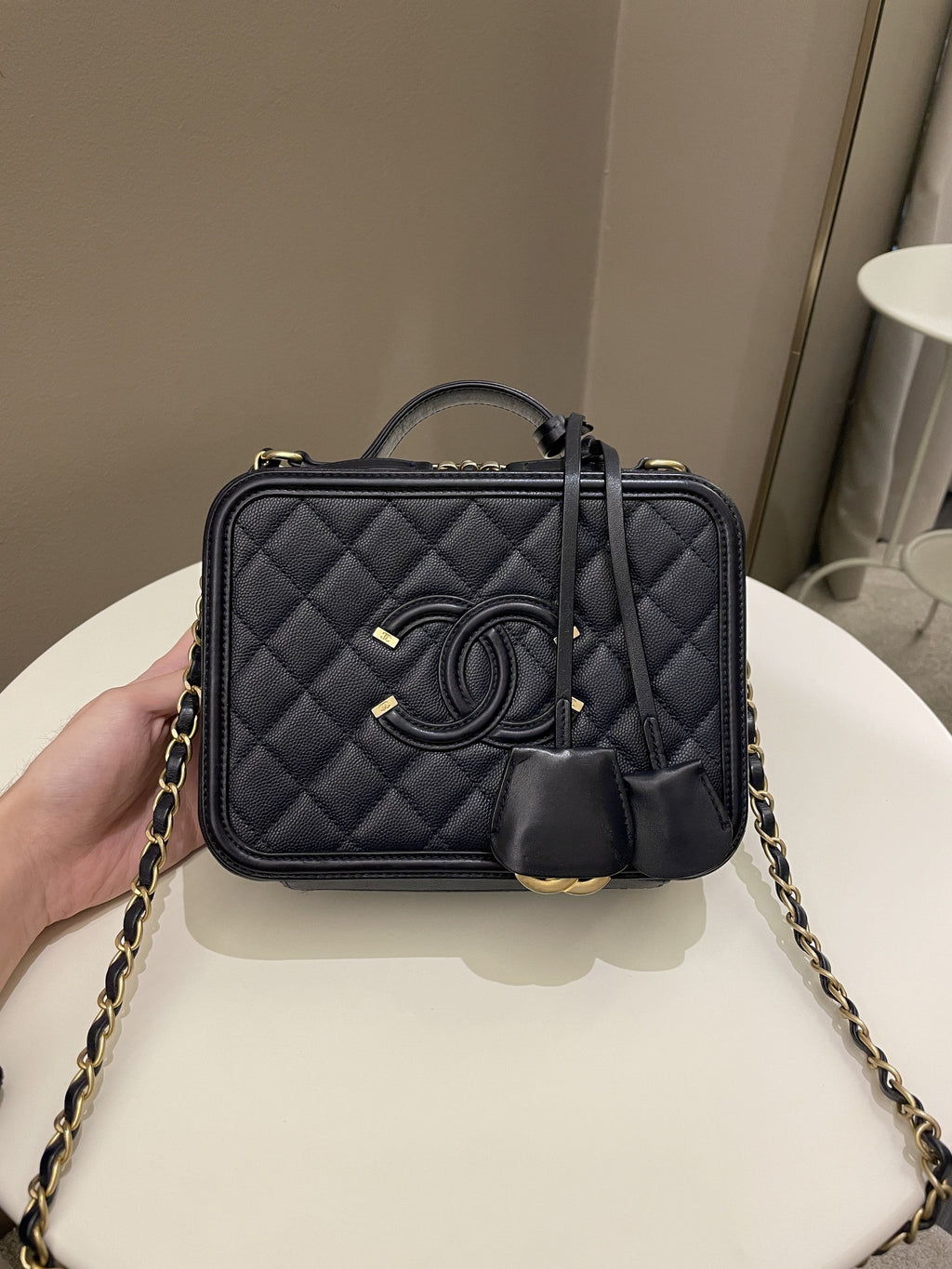Chanel Filigree Vanity Case Navy Caviar