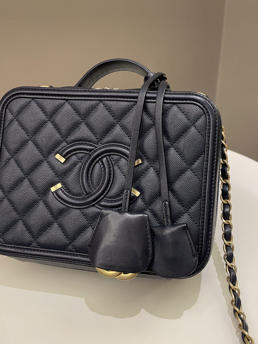 Chanel Filigree Vanity Case Navy Caviar