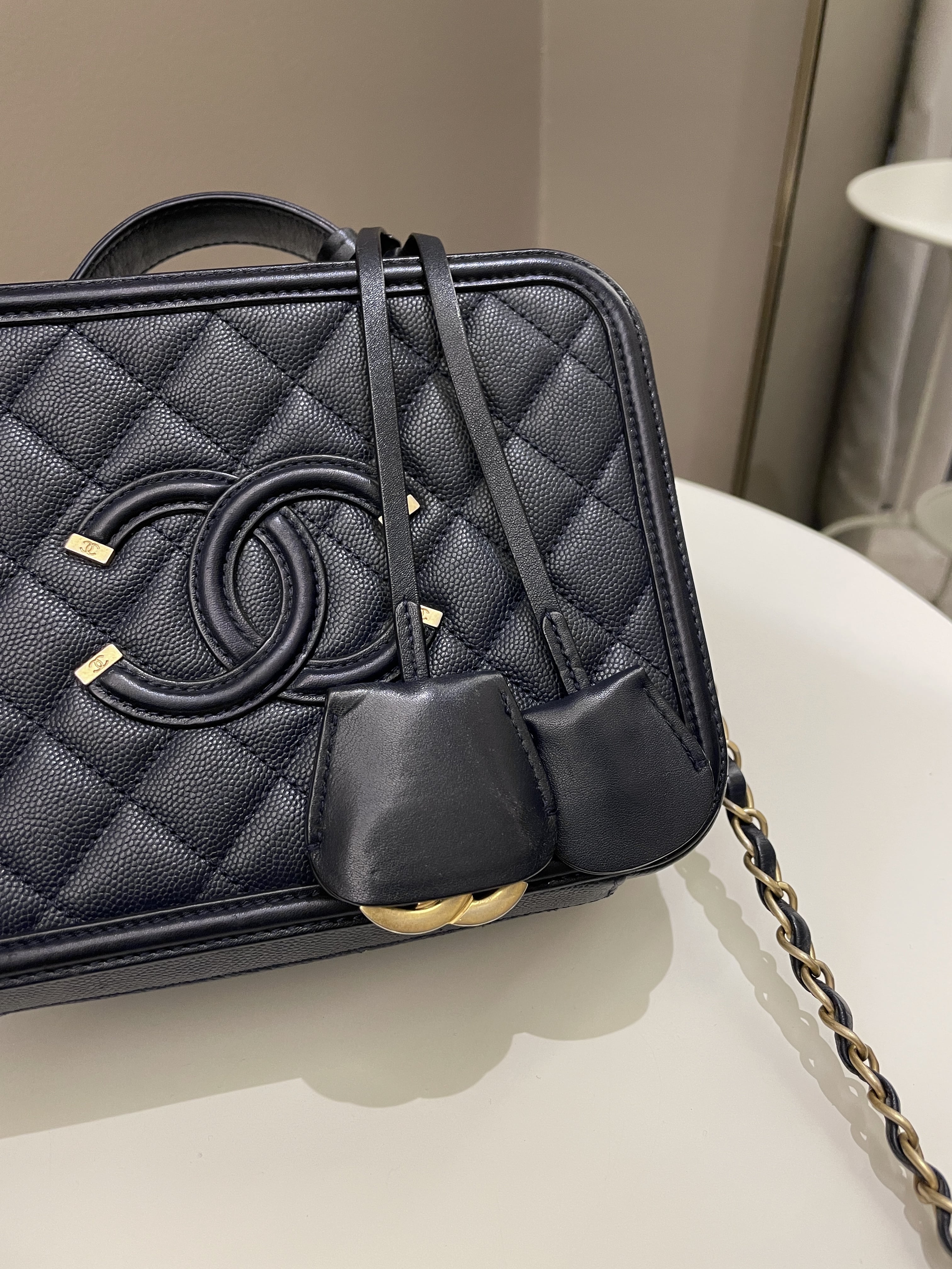 Chanel Filigree Vanity Case Navy Caviar