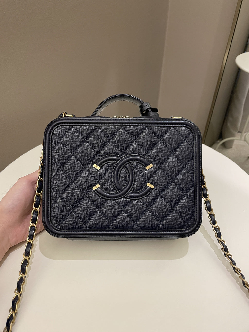 Chanel Filigree Vanity Case Navy Caviar