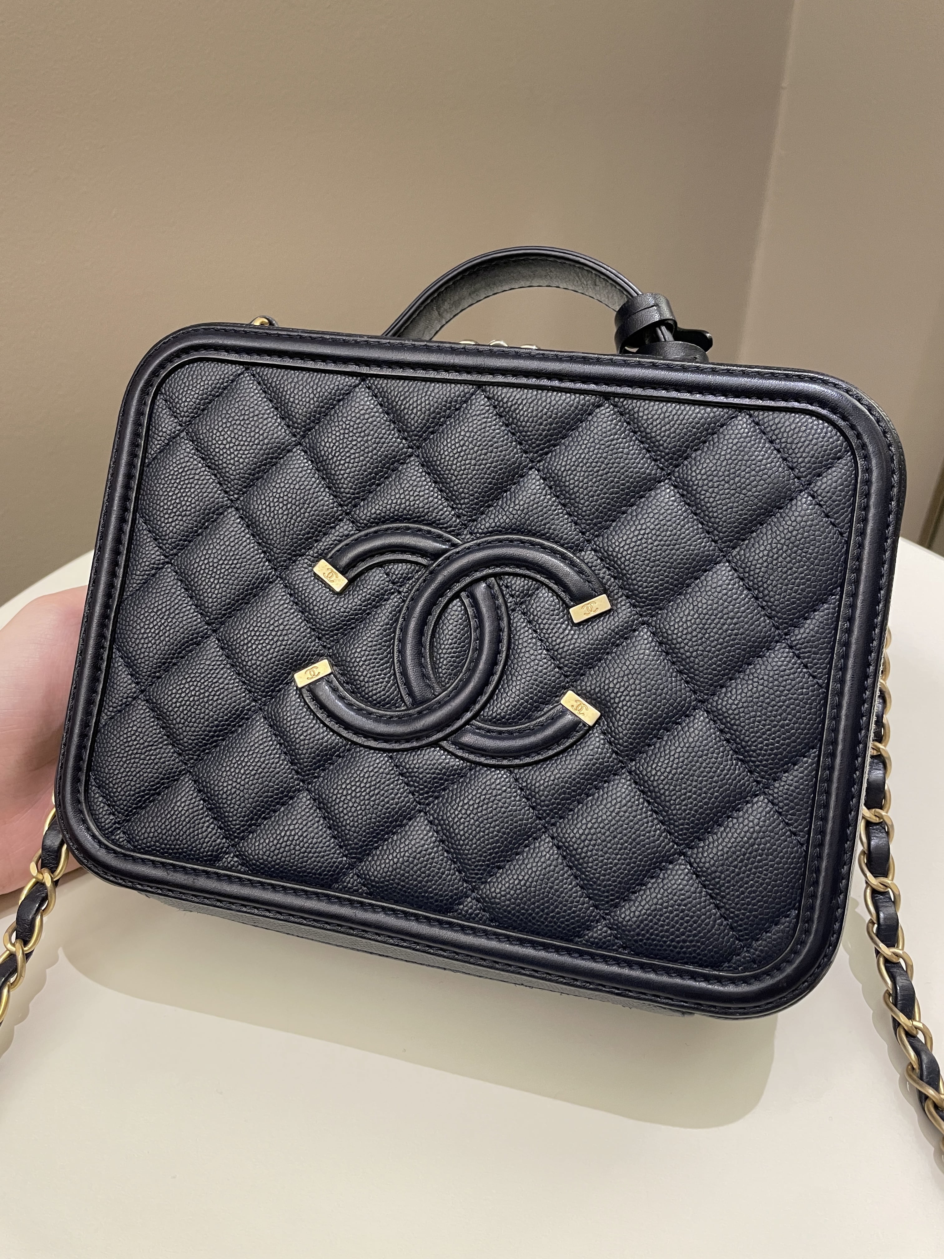 Chanel Filigree Vanity Case Navy Caviar
