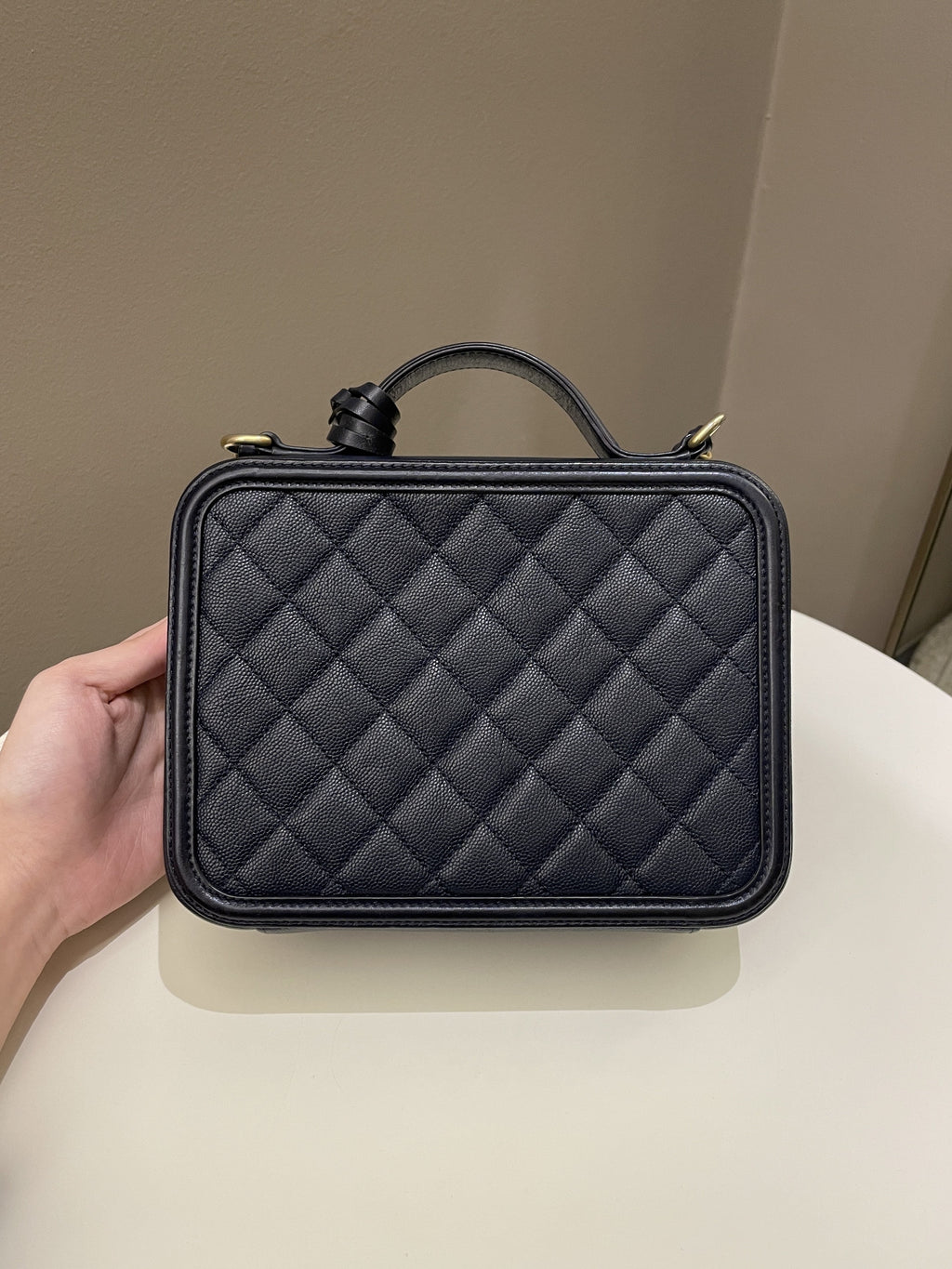 Chanel Filigree Vanity Case Navy Caviar