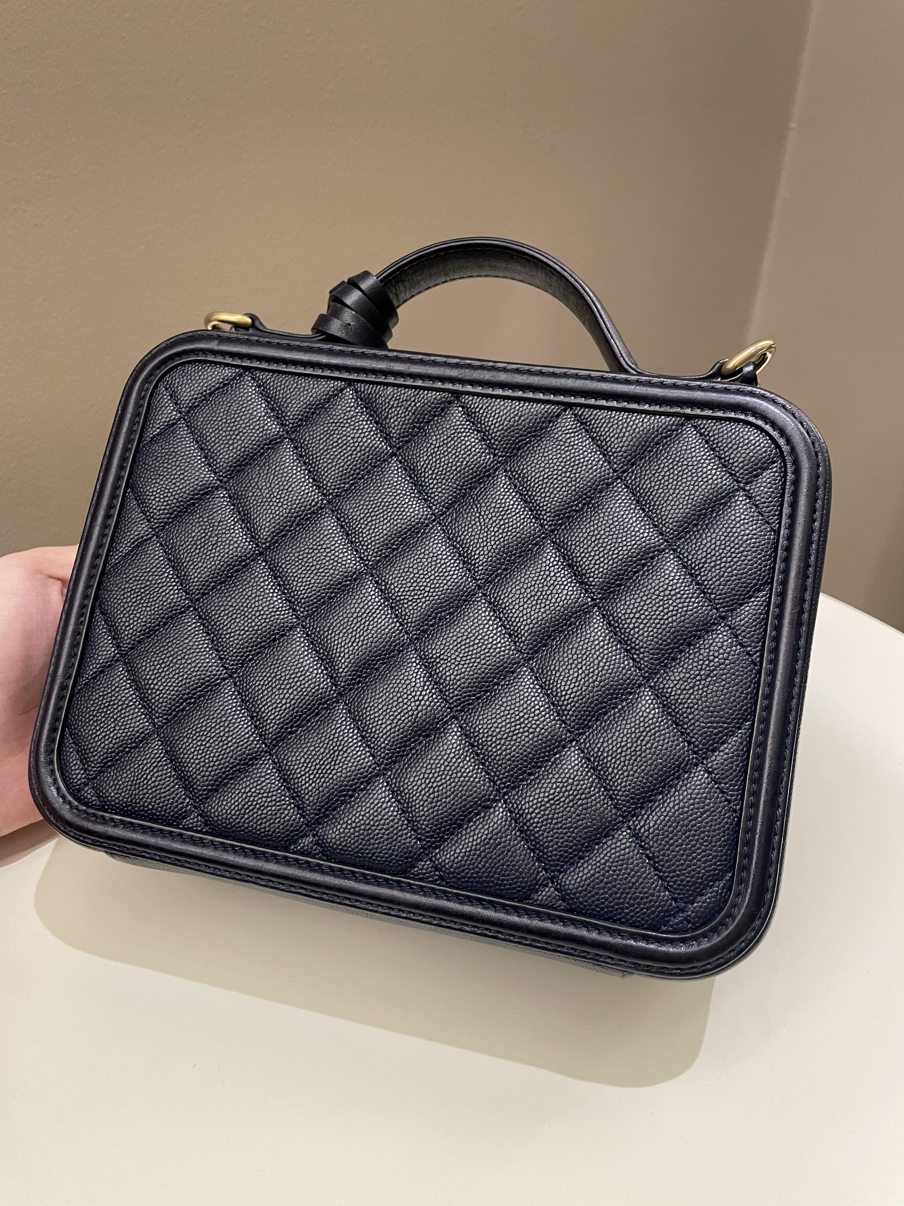 Chanel Filigree Vanity Case Navy Caviar