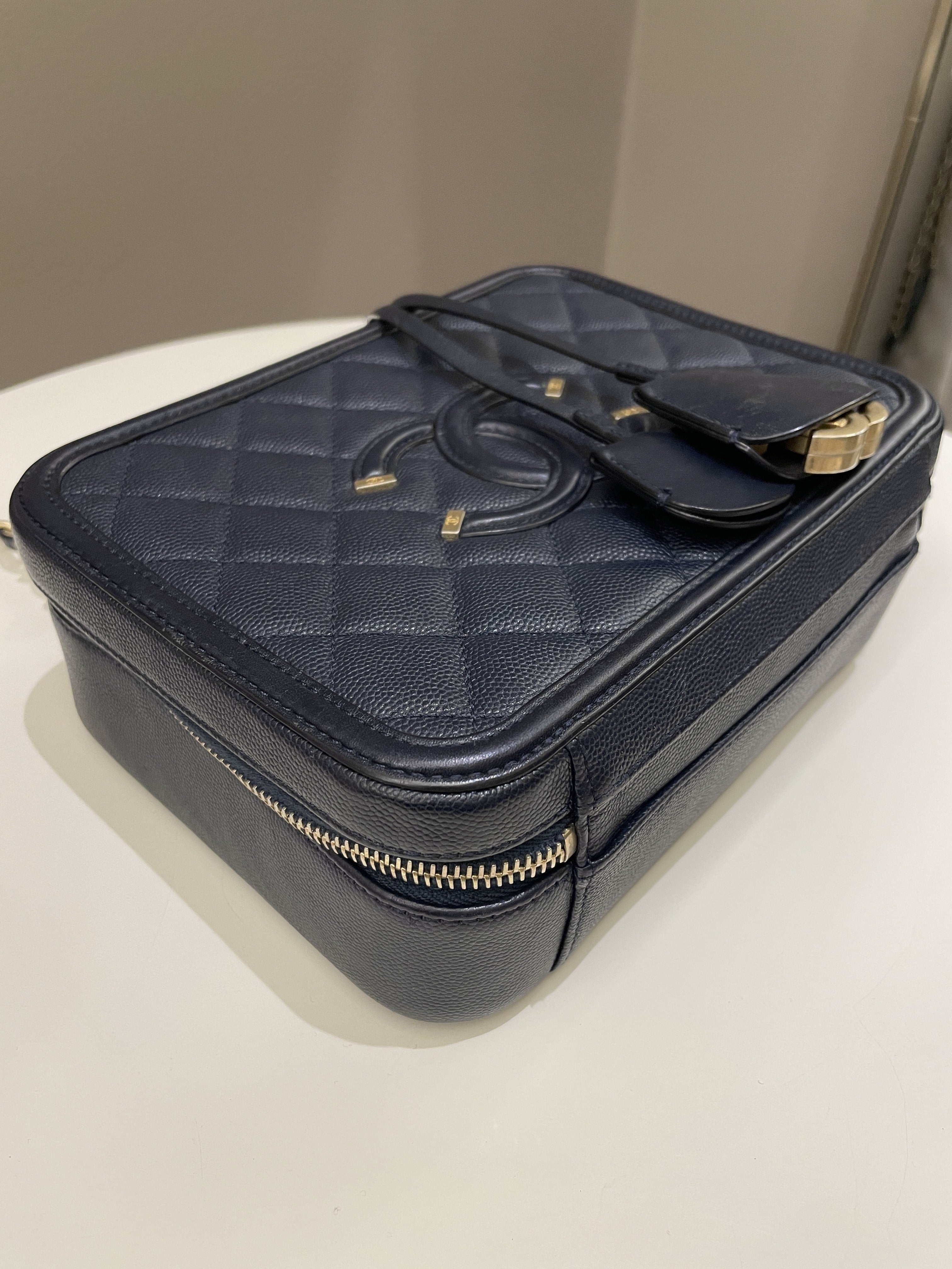 Chanel Filigree Vanity Case Navy Caviar