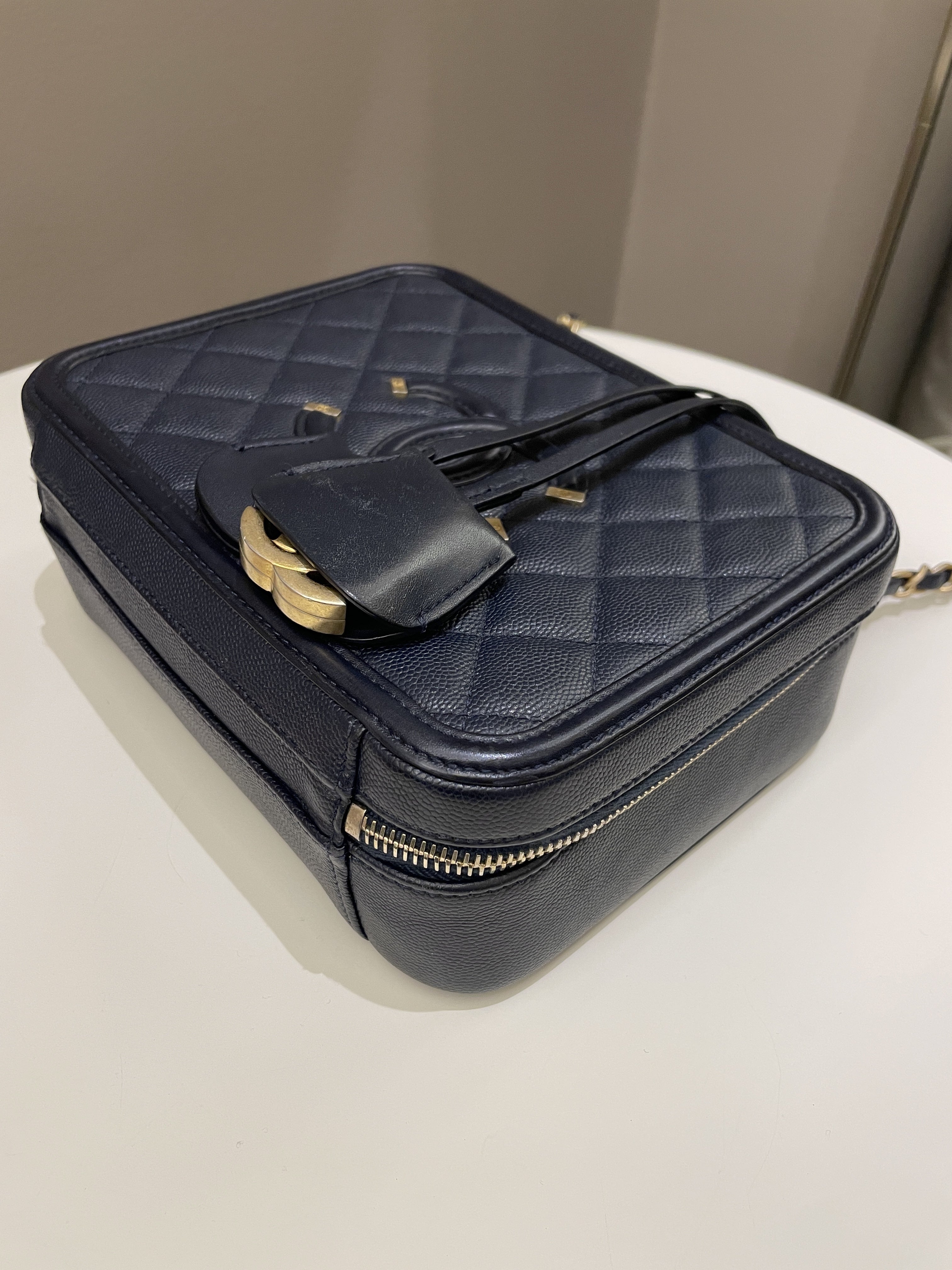 Chanel Filigree Vanity Case Navy Caviar