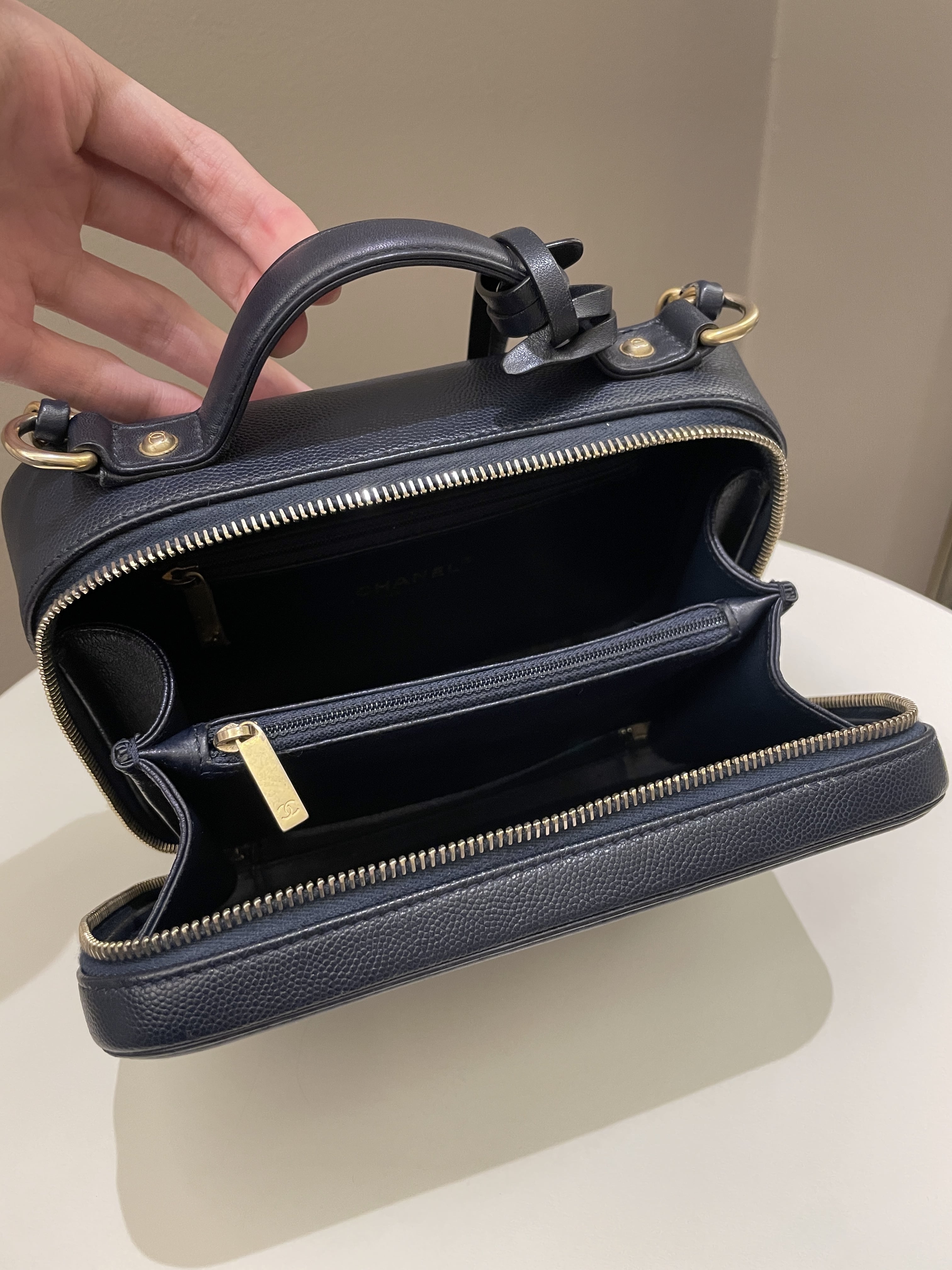 Chanel Filigree Vanity Case Navy Caviar