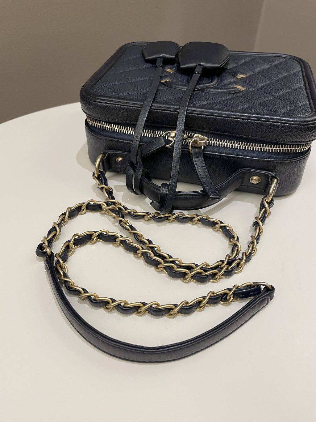 Chanel Filigree Vanity Case Navy Caviar