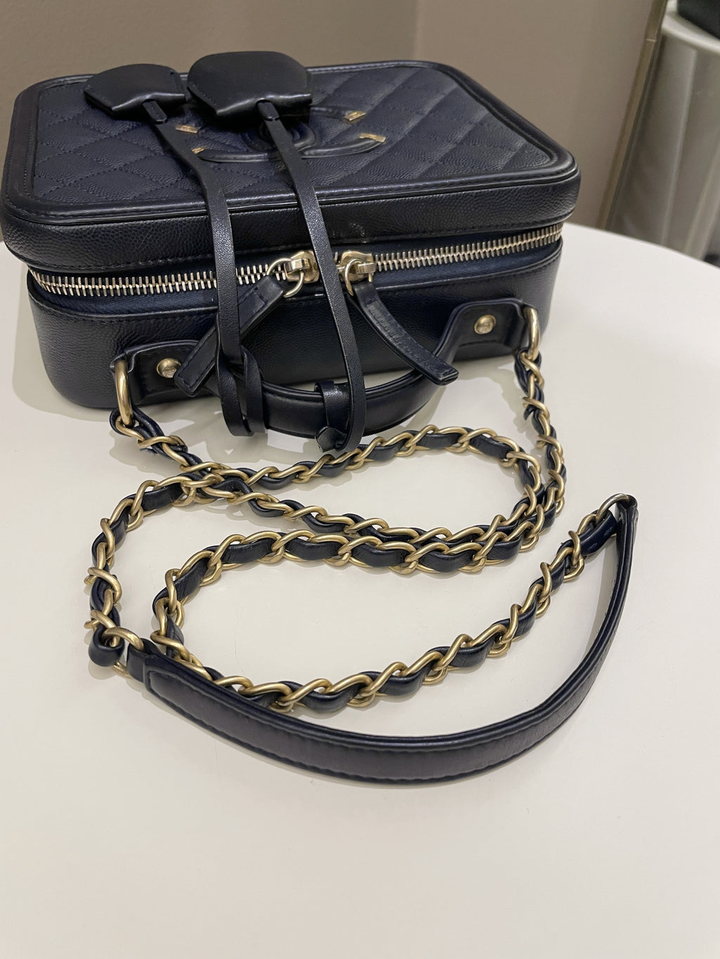 Chanel Filigree Vanity Case Navy Caviar