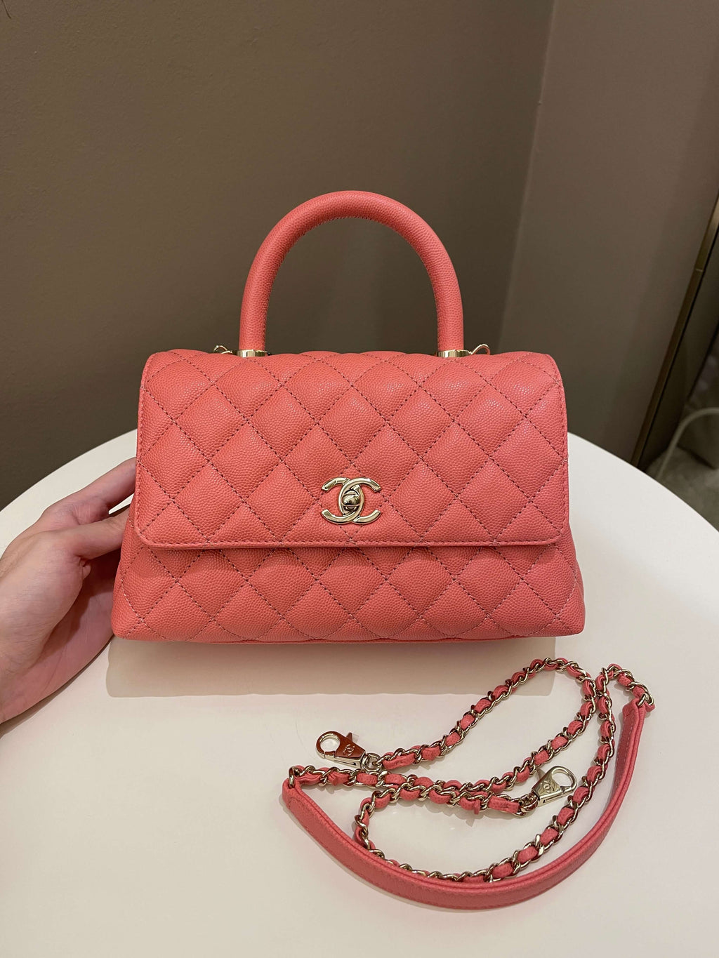 Chanel Quilted Coco Handle Coral Pink Caviar