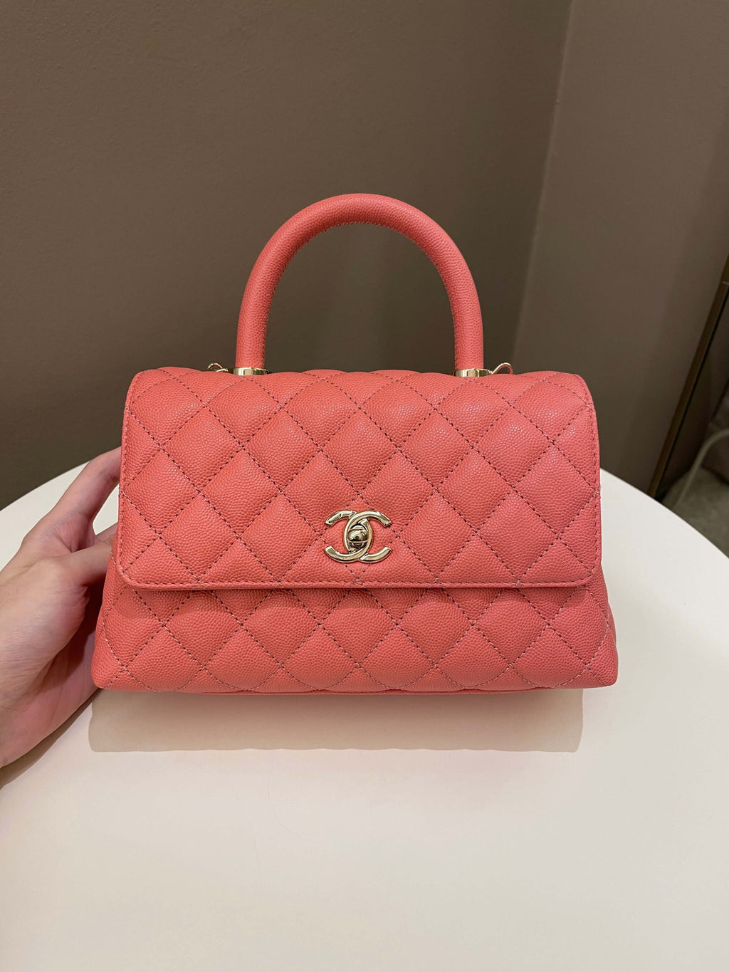 Chanel Quilted Coco Handle Coral Pink Caviar