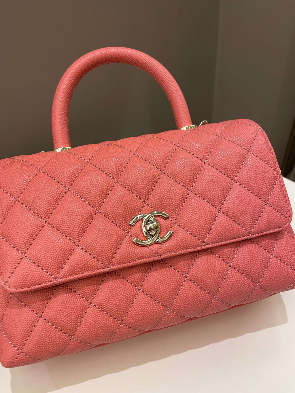 Chanel Quilted Coco Handle Coral Pink Caviar