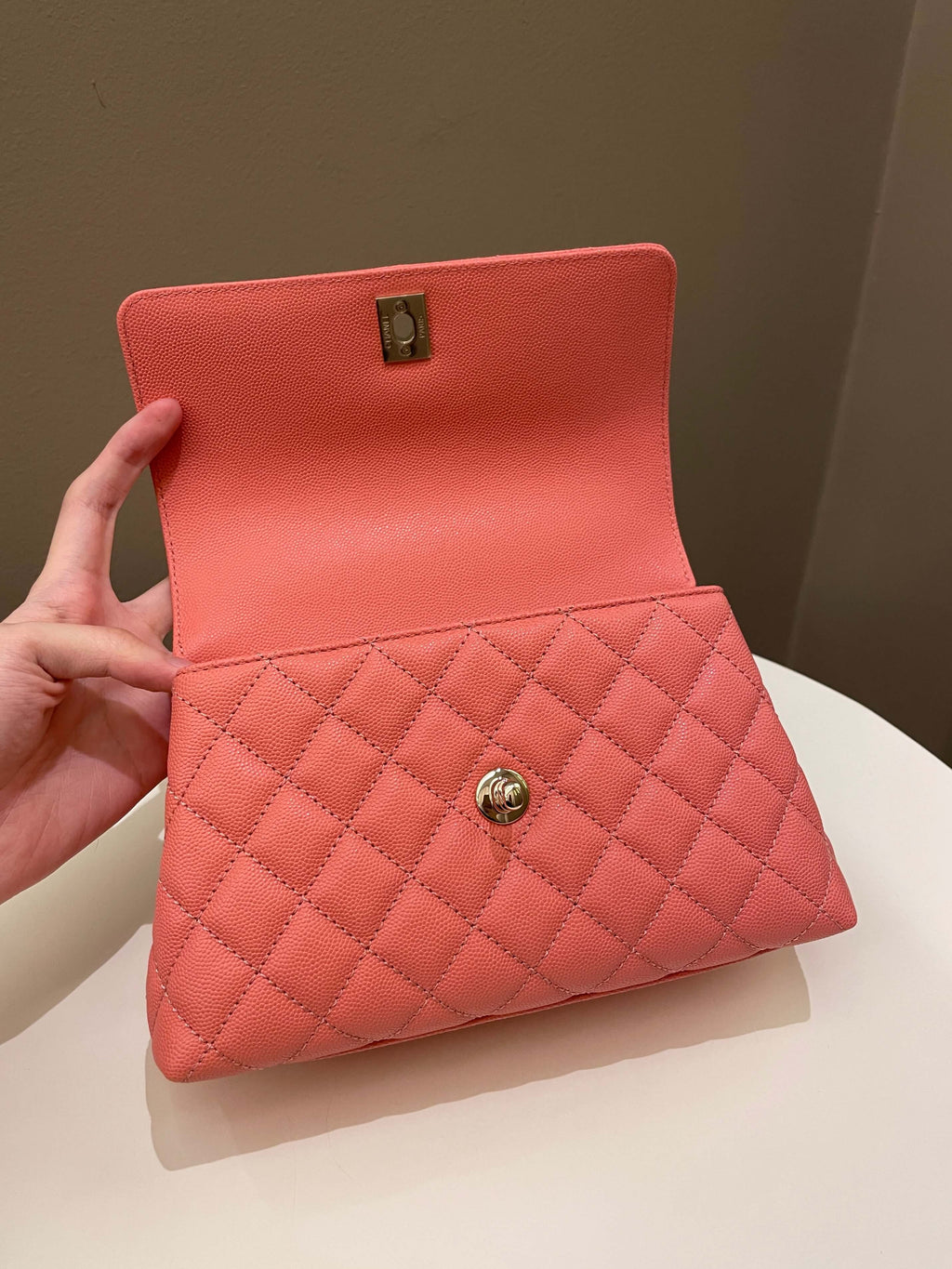 Chanel Quilted Coco Handle Coral Pink Caviar