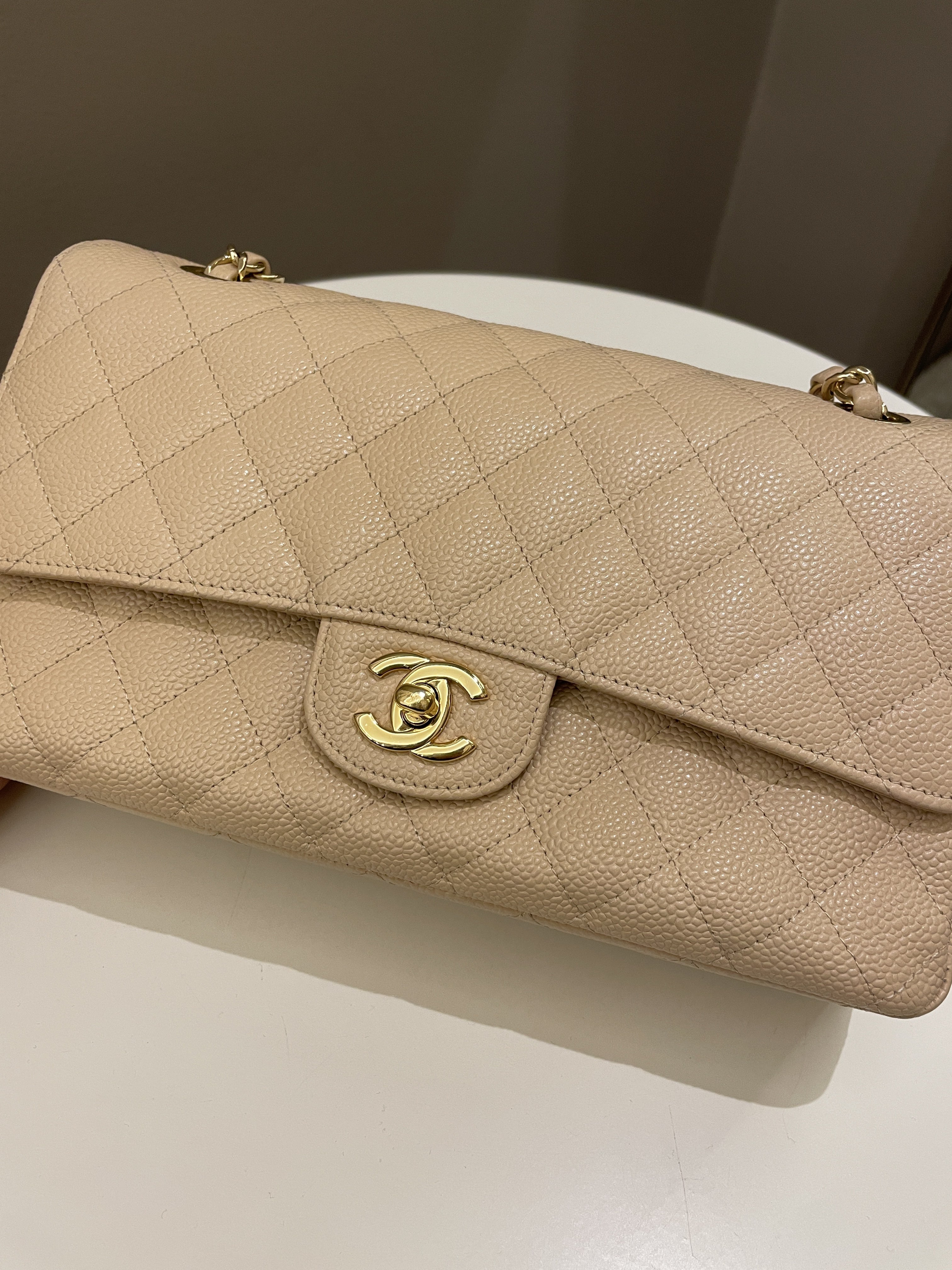 Chanel Classic Quilted Medium Double Flap Beige Caviar