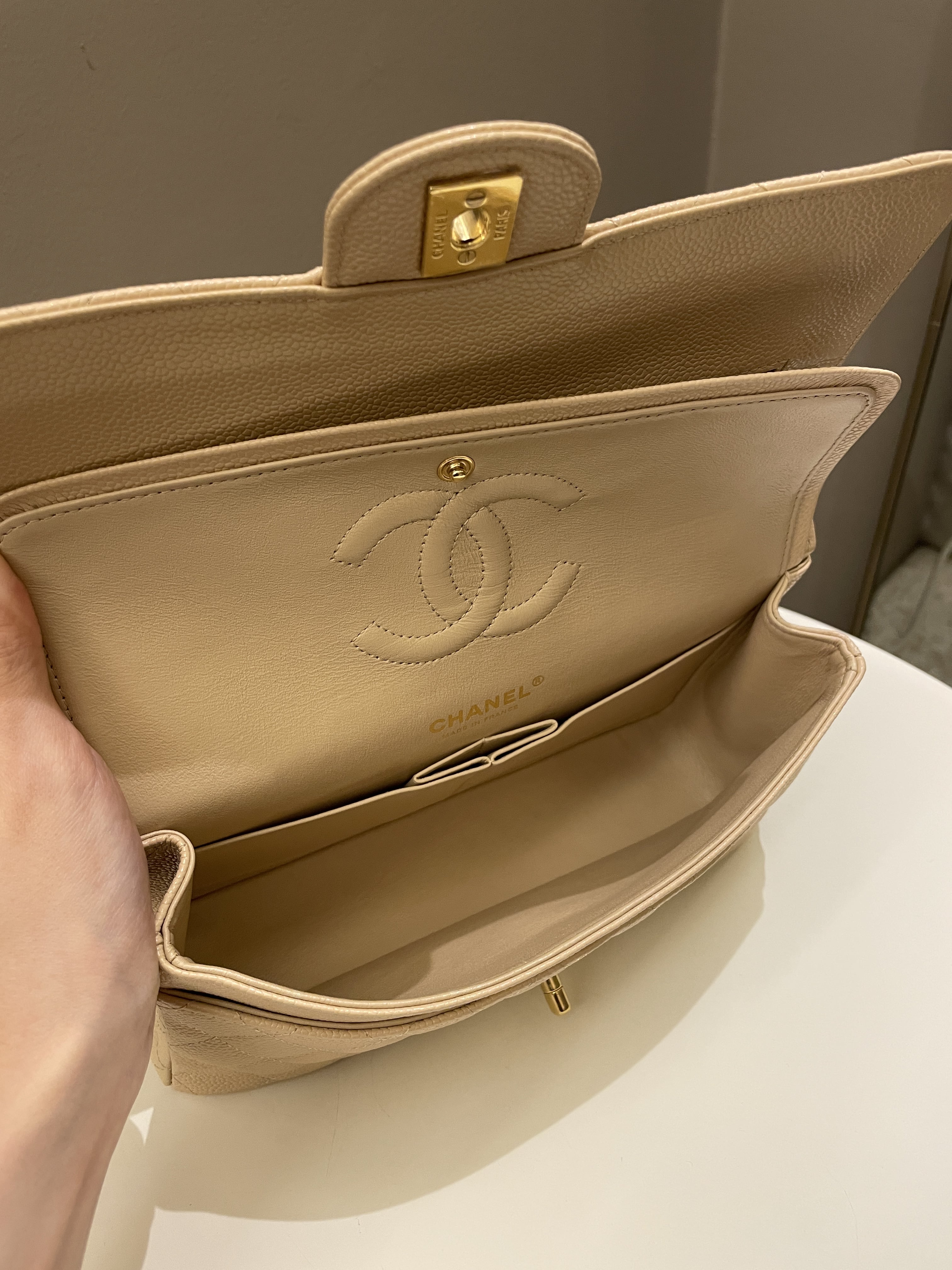 Chanel Classic Quilted Medium Double Flap Beige Caviar