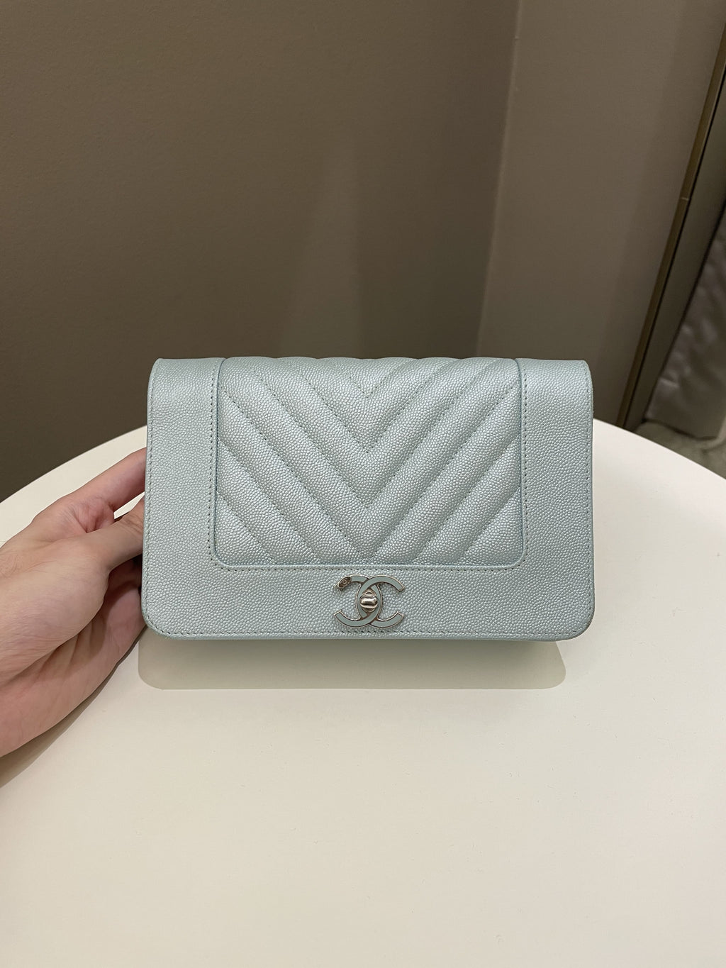 Chanel Mademoiselle Wallet On Chain Blue Iridescent Caviar