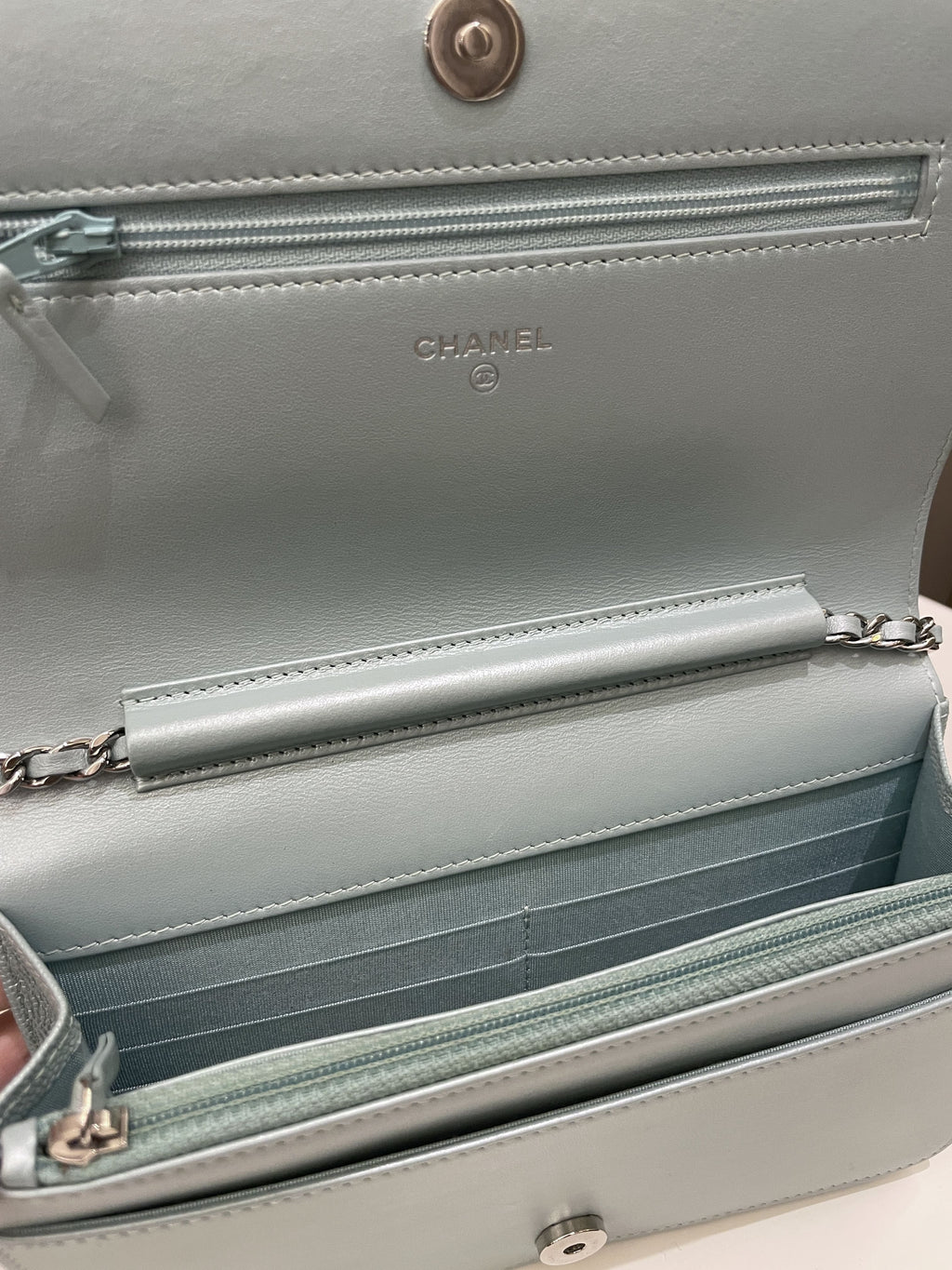 Chanel Mademoiselle Wallet On Chain Blue Iridescent Caviar