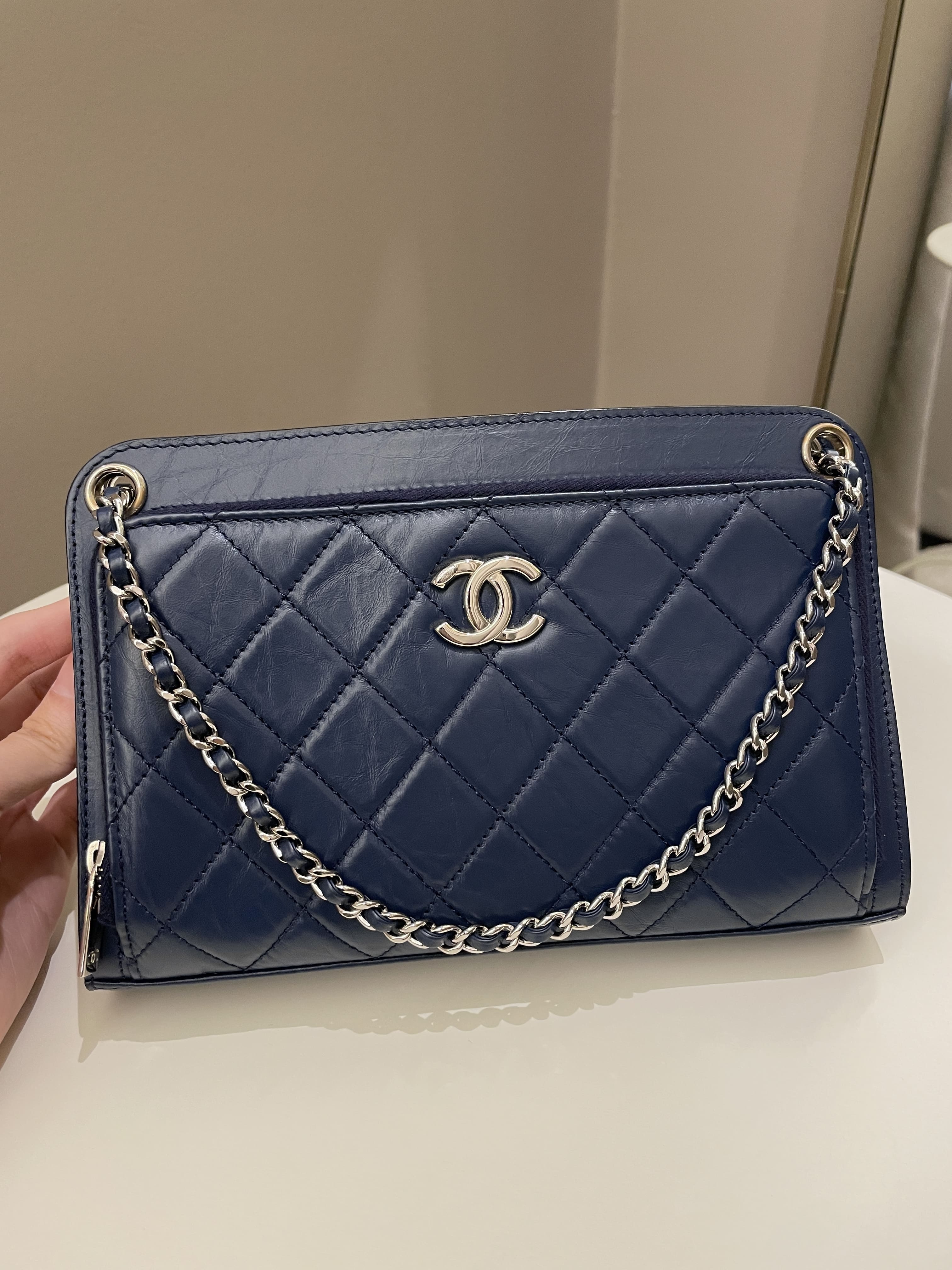 Chanel Quilted Small Shoulder Clutch Bag Blue Aged Calfskin