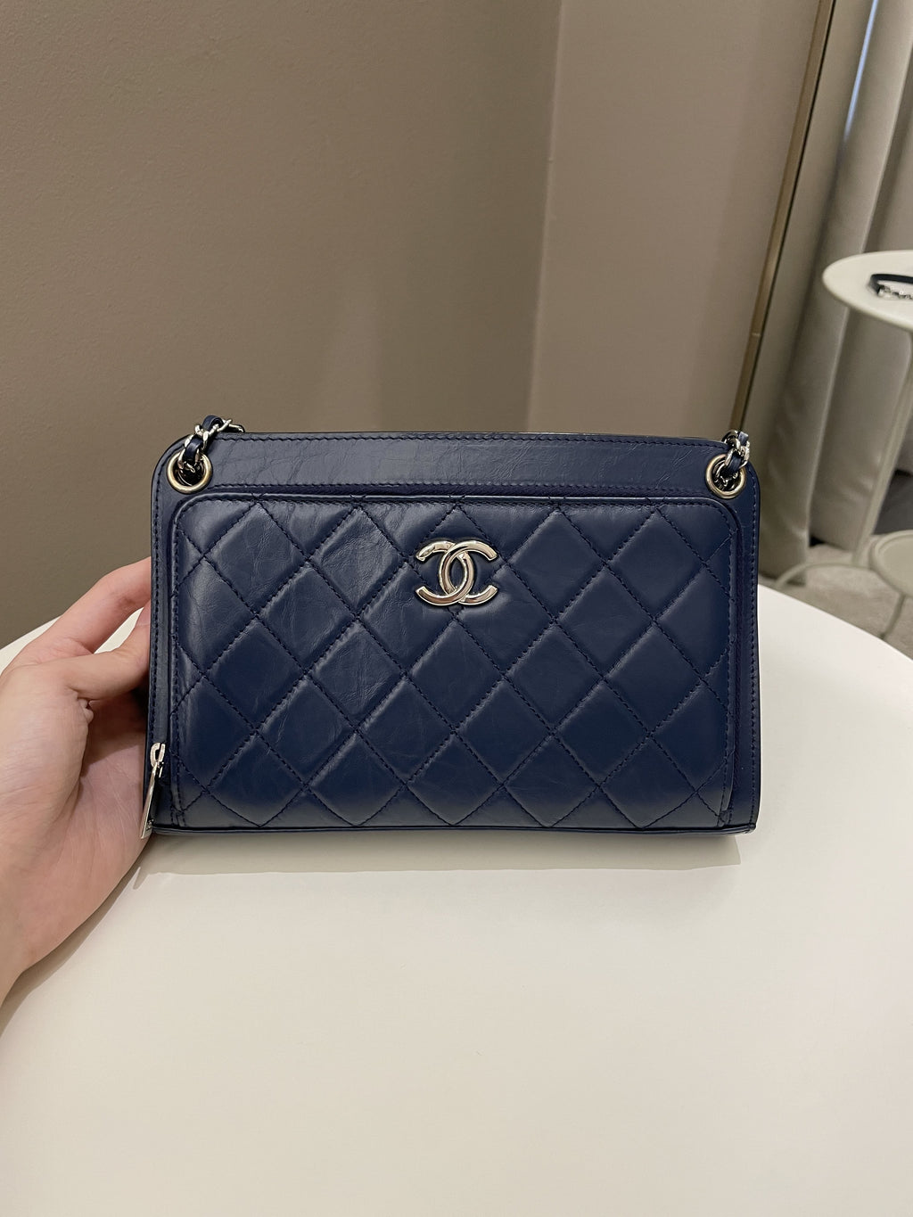 Chanel Quilted Small Shoulder Clutch Bag Blue Aged Calfskin