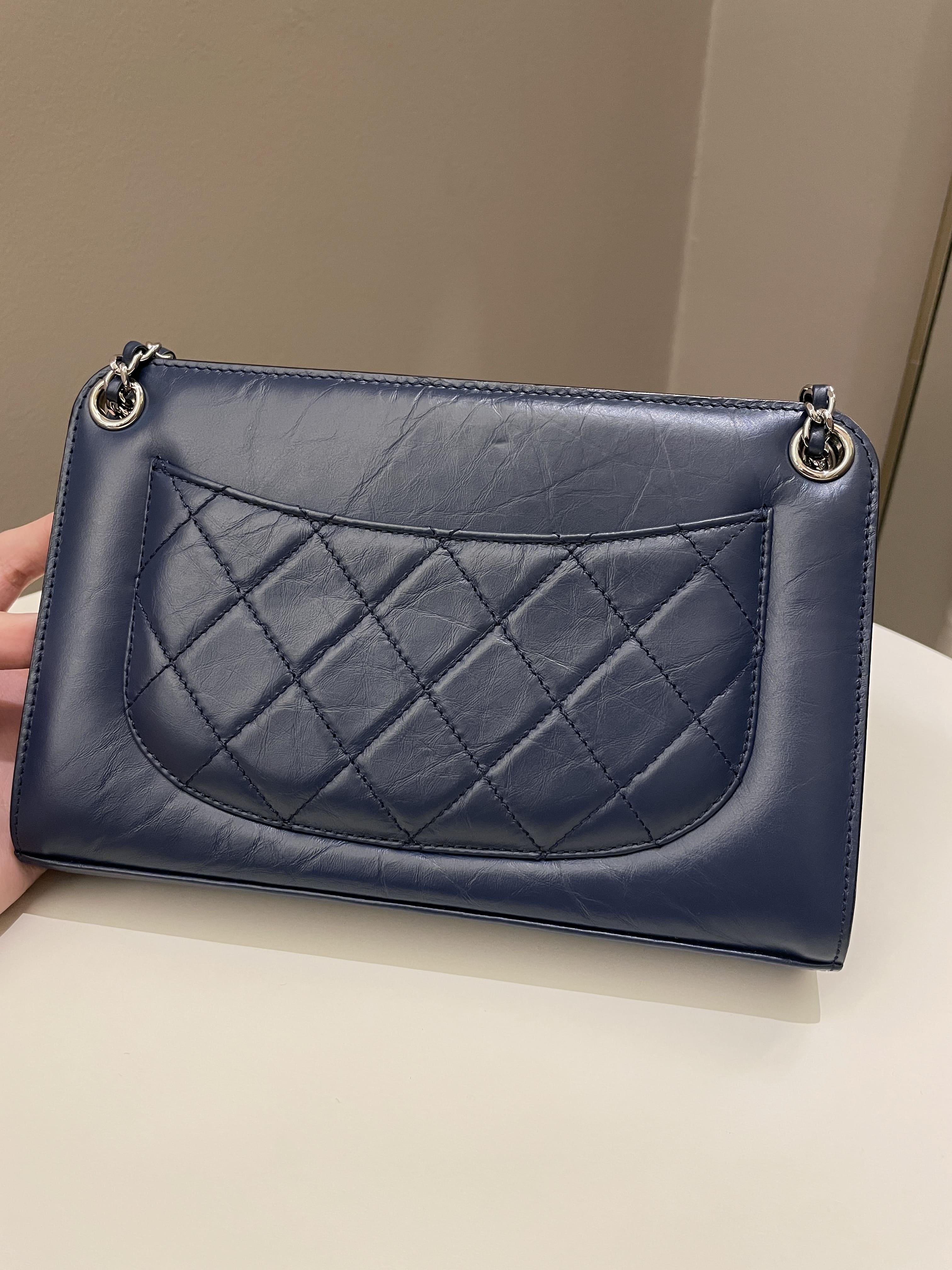 Chanel Quilted Small Shoulder Clutch Bag Blue Aged Calfskin