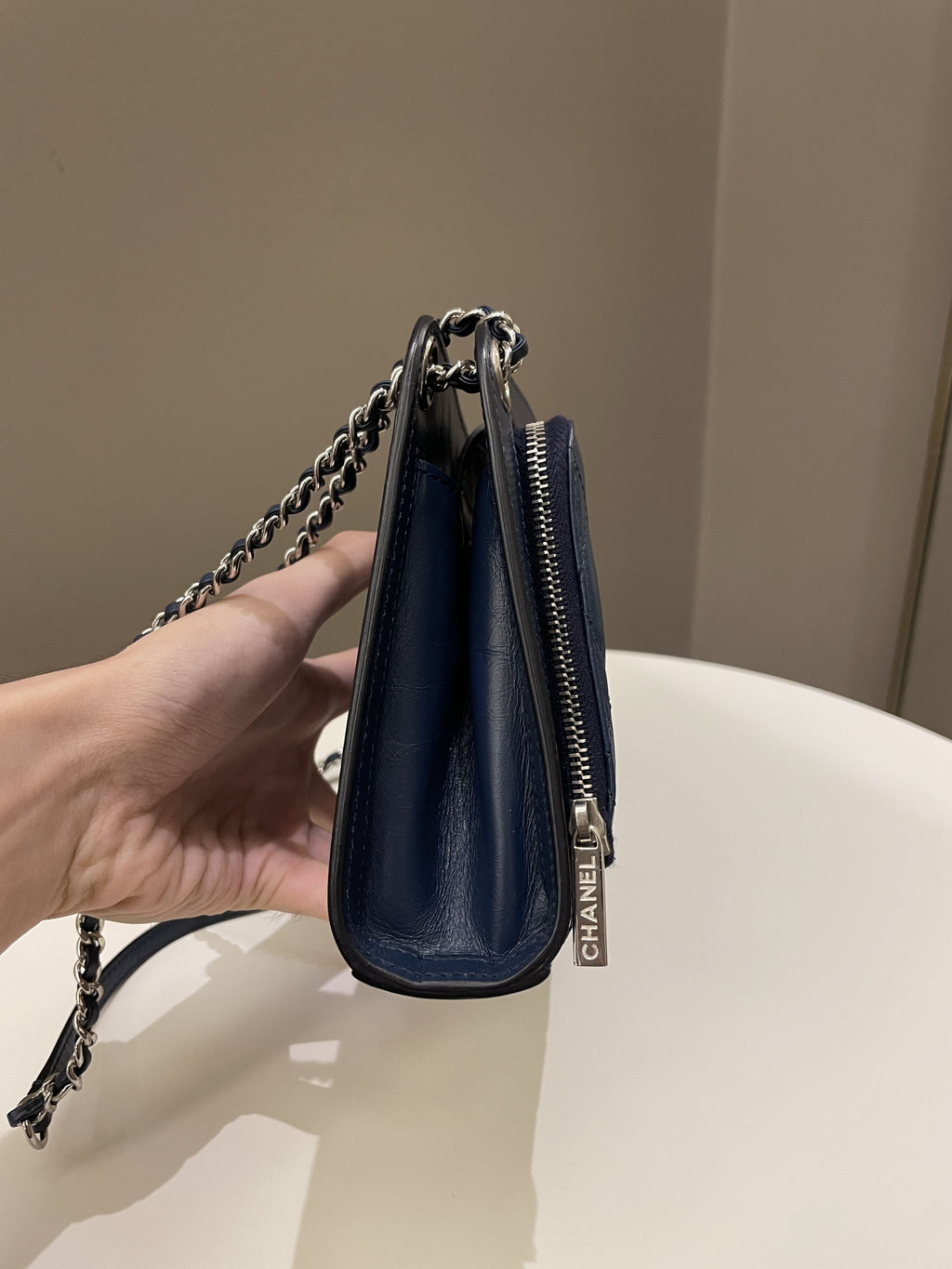 Chanel Quilted Small Shoulder Clutch Bag Blue Aged Calfskin