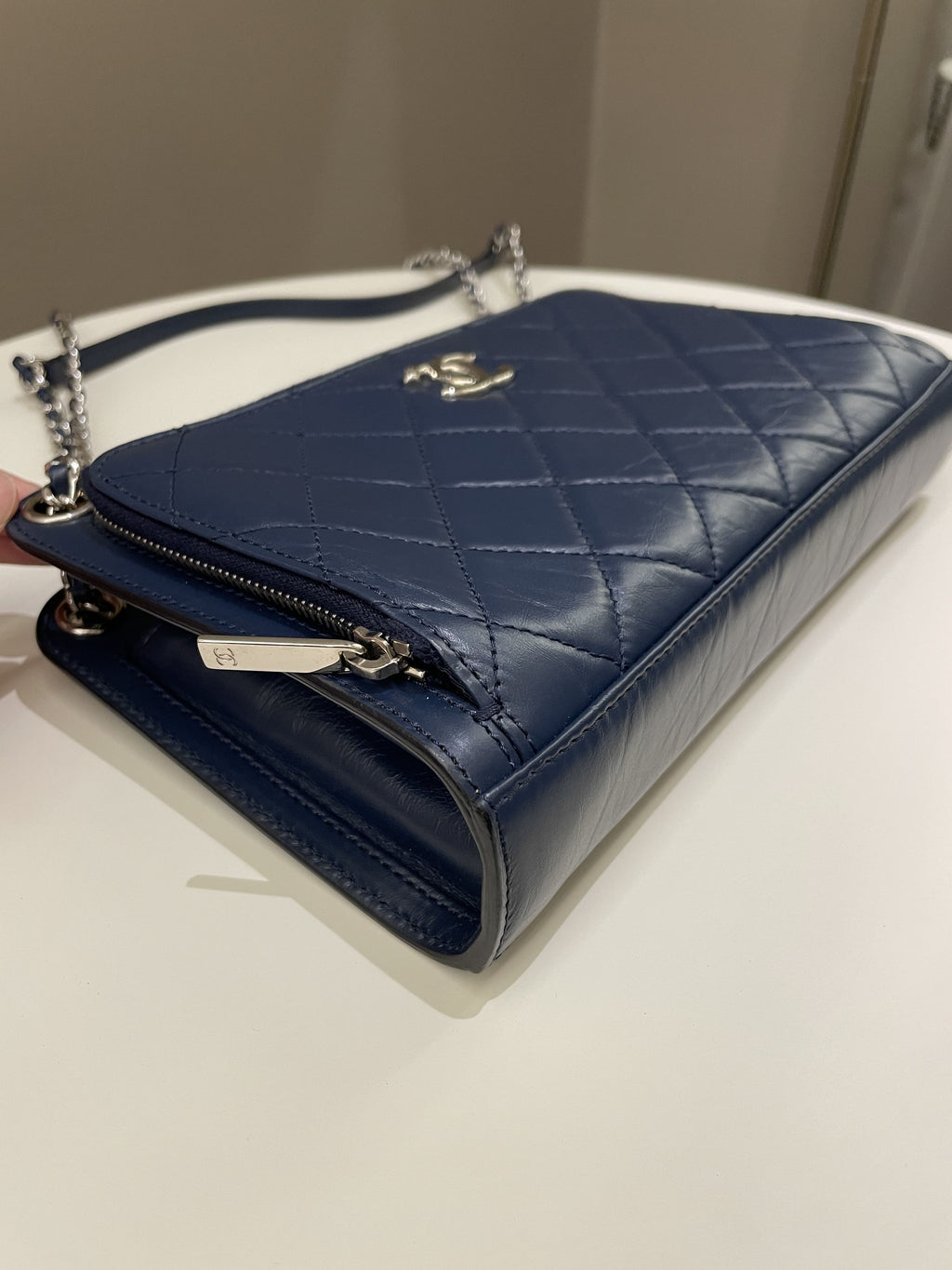 Chanel Quilted Small Shoulder Clutch Bag Blue Aged Calfskin