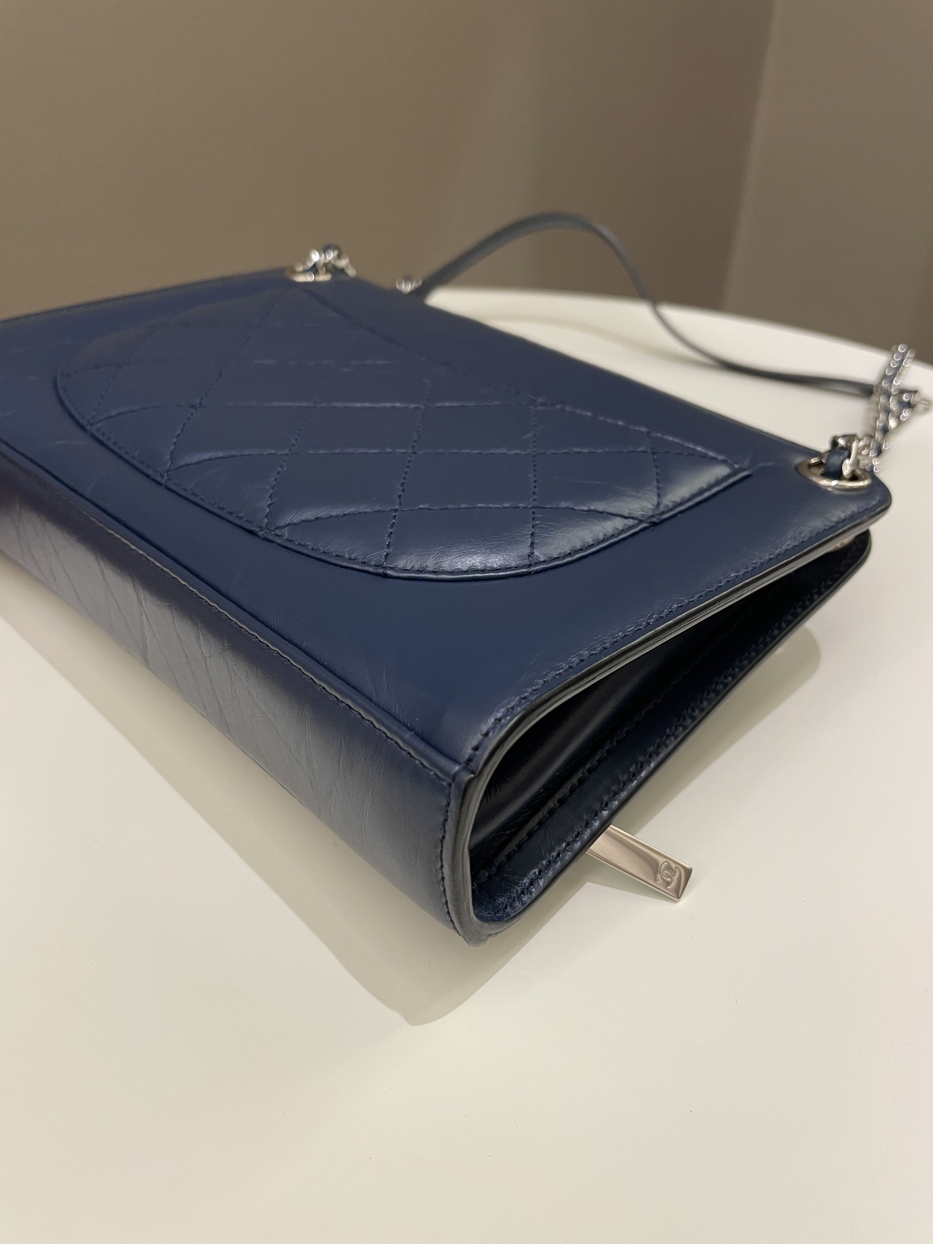 Chanel Quilted Small Shoulder Clutch Bag Blue Aged Calfskin