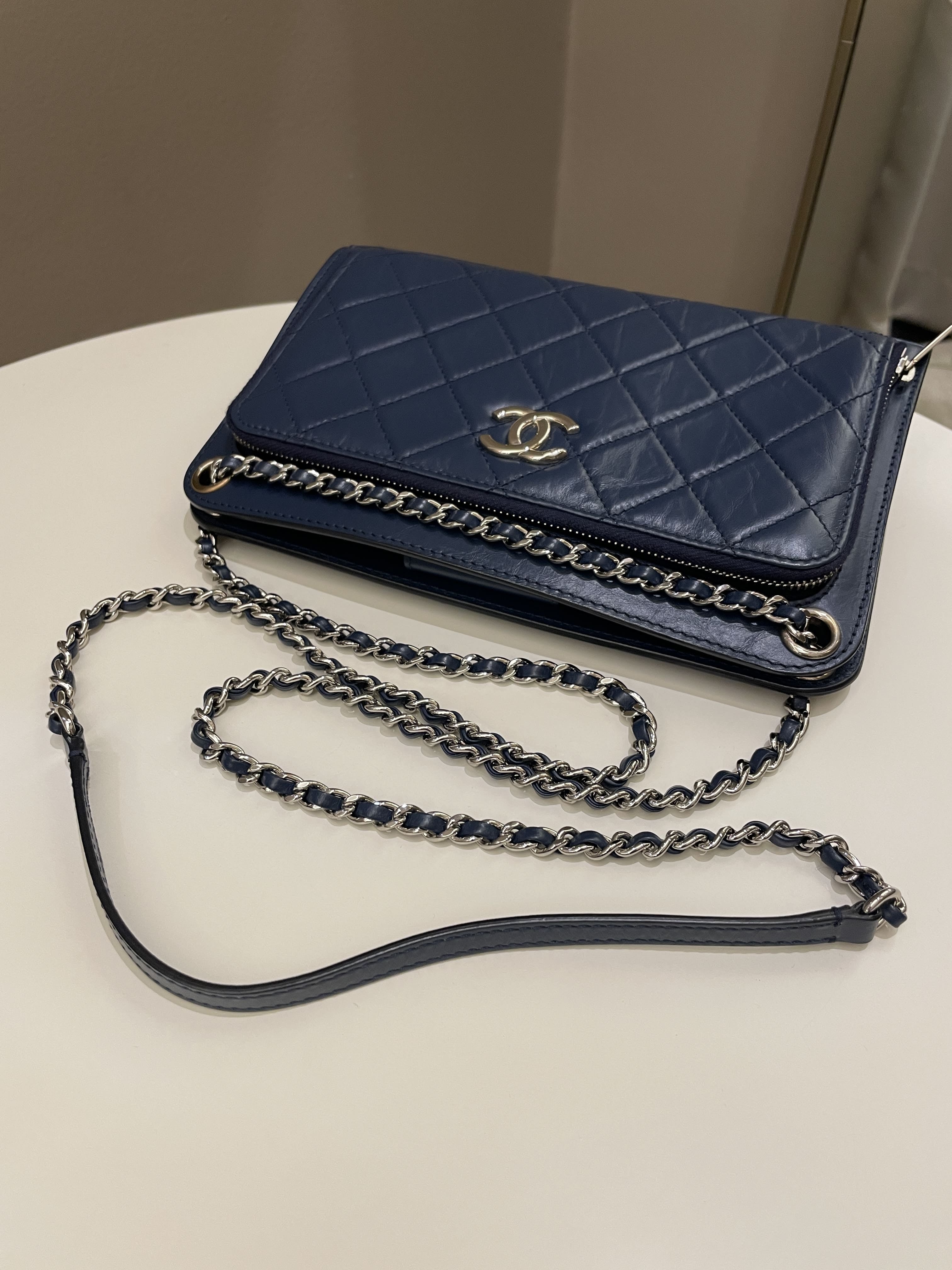 Chanel Quilted Small Shoulder Clutch Bag Blue Aged Calfskin