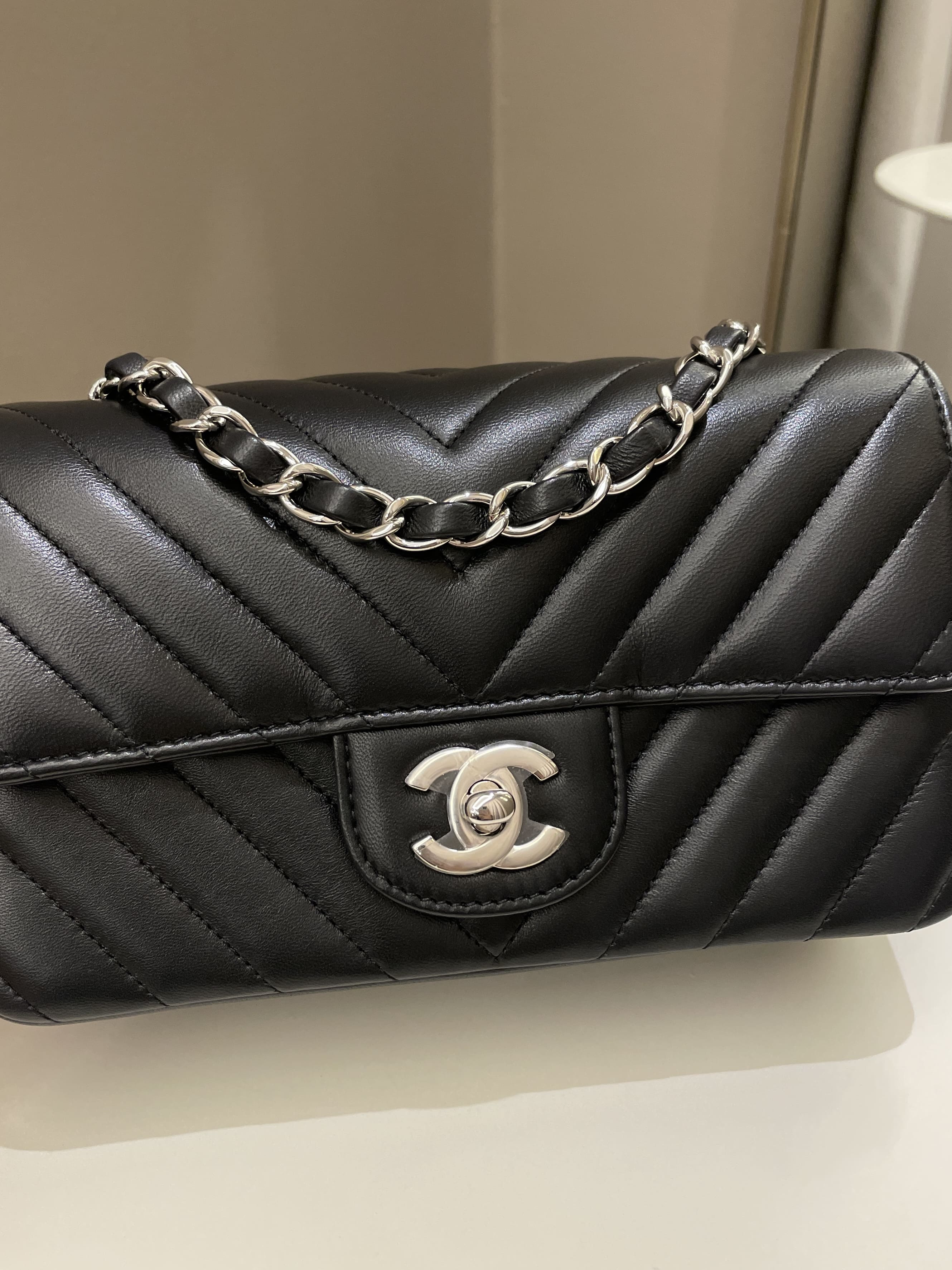 Chanel Classic Chevron Mini Rectangular Black Lambskin