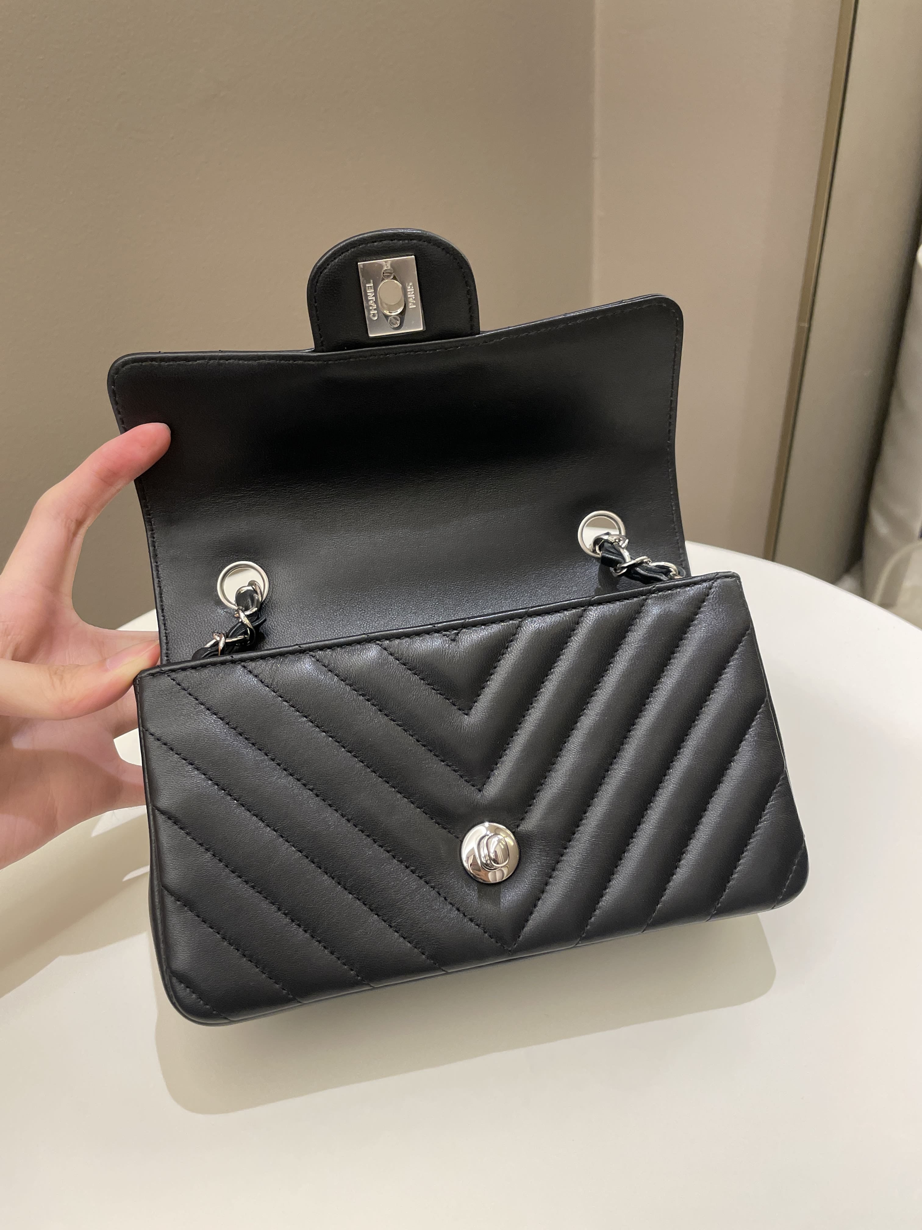 Chanel Classic Chevron Mini Rectangular Black Lambskin