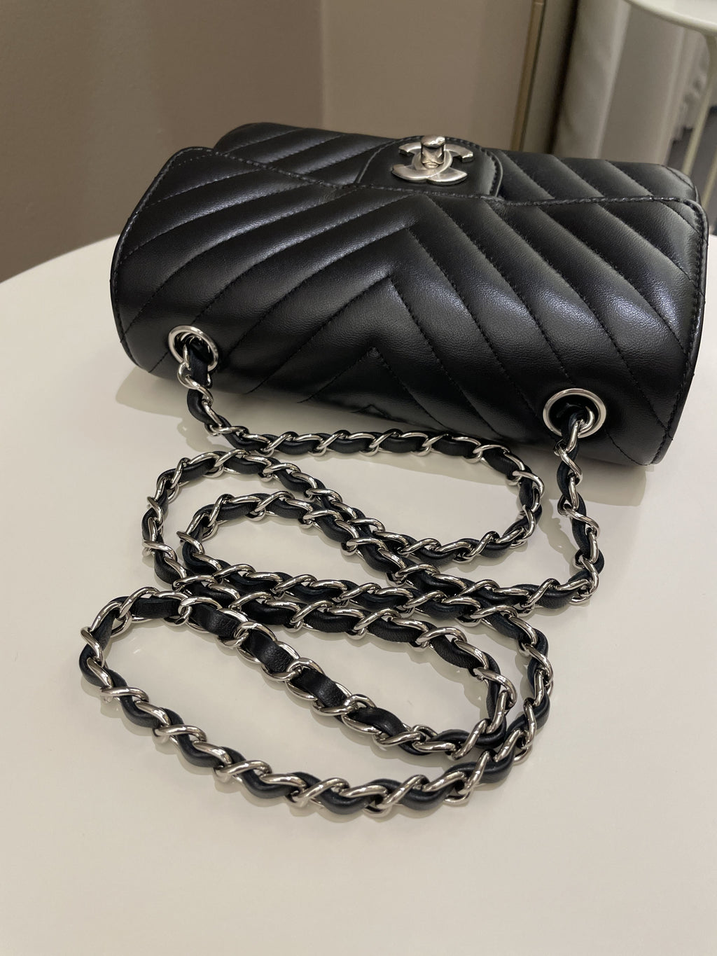 Chanel Classic Chevron Mini Rectangular Black Lambskin